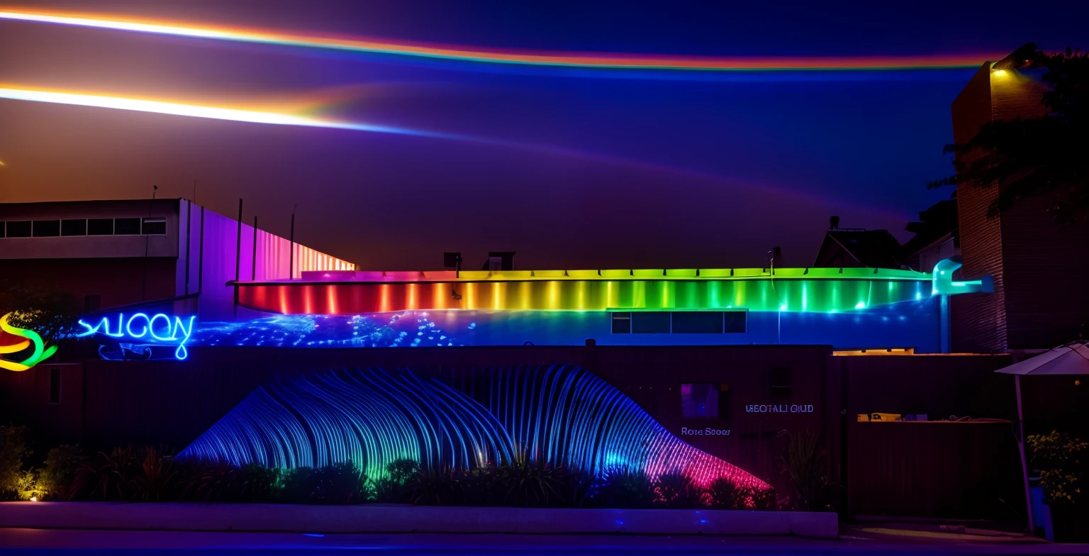 there is a large wooden sculpture of a fish on the side of a building, led lights around the place, rainbow lighting, golden rainbow tubing, rainbow neon strips, neon lights outside, colourful lighting, colorful lighting, rgb wall light, metal cladding wall, led color, rainbow overlay! beautifully lit, rainbow caustic lighting, volumetric rainbow lighting, neon pillars,with (((Long LED lights are arranged on all edges)))
