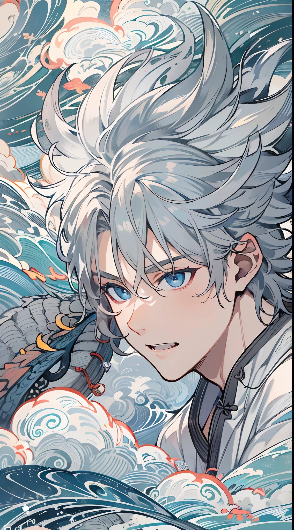 tmasterpiece，Need，超高分辨率，shoun，Chinese ancient style，(Short silver-gray hair)，blue color eyes，Libido boy,adolable，banya，Dragon tail，The corals，Clouds，wave，Kamimei