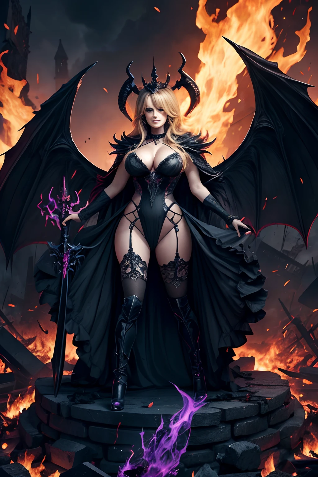 Ultra-detailed Stormy Daniels stands atop a pile of burning ruins, Her diabolical and insidious presence radiating from her dark crown and black and red evil queen dress...... Her demon wings on her back and demon horn give her an invincible aura as she unleashes a powerful wave of destruction with a single gesture.......... She holds a black satanic pitchfork with an evil purple aura in one hand