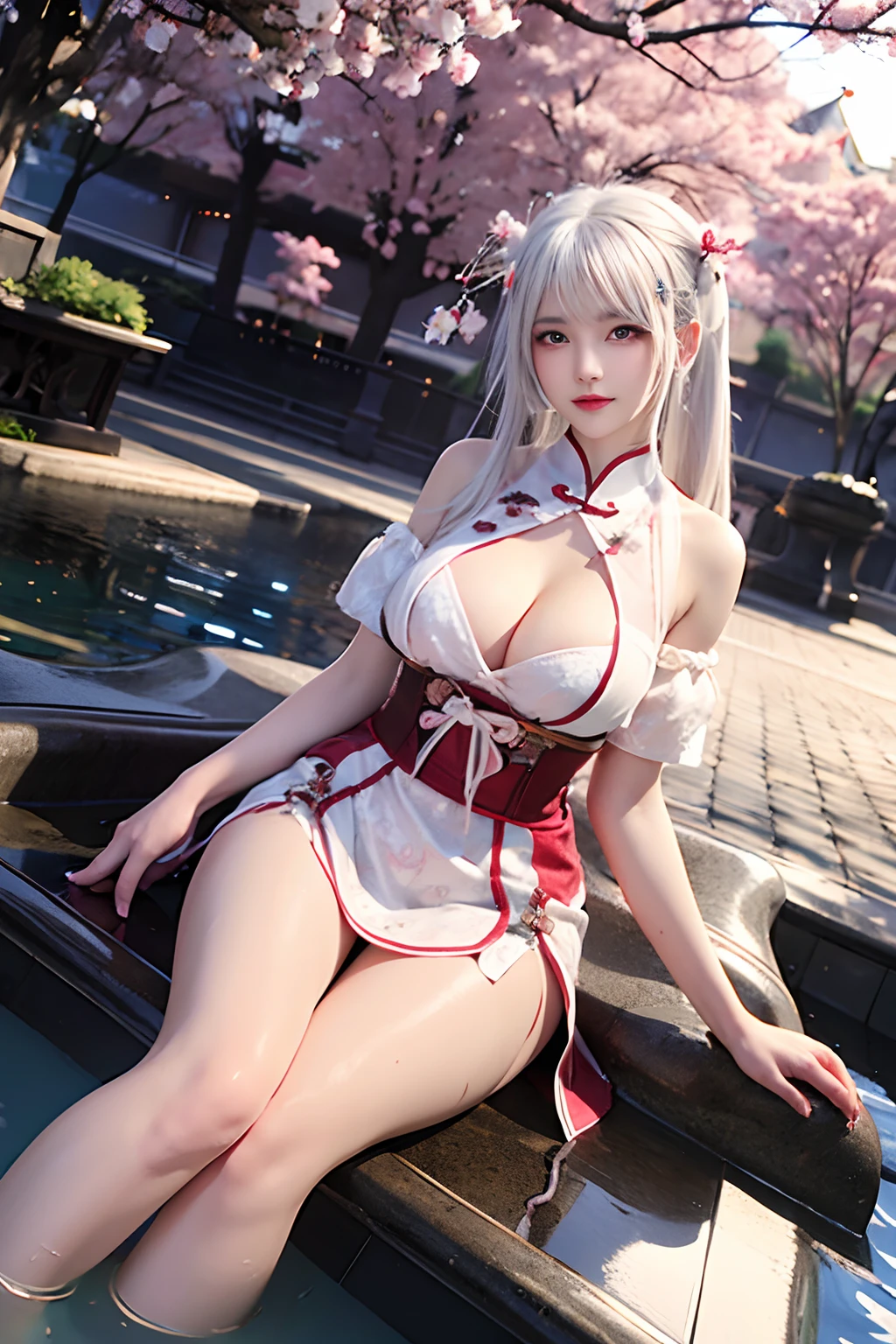 White-haired beauty ,Sexy cheongsam,Devil figure,Realisticstyle,Cherry blossom forest,There is a bath under the tree,Girl sitting by the bathtub,Water vapor makes girls hazy and sexy,Wet the girl's clothes