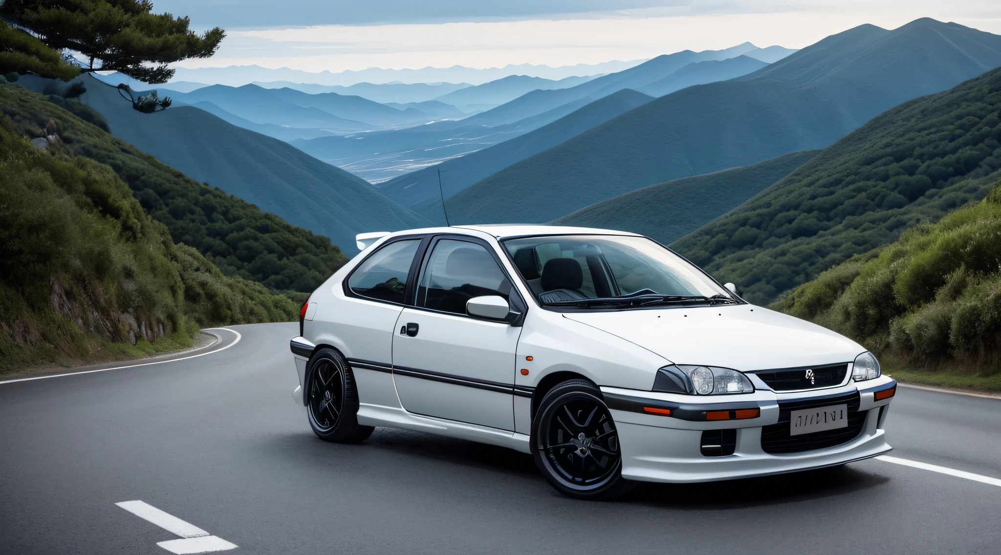 I would like a car that is close enough to a Peugeot 306 on a mountain-style road in Japan during the evening with a slightly bluish sky and I want the car to be clean enough lowered and black rim