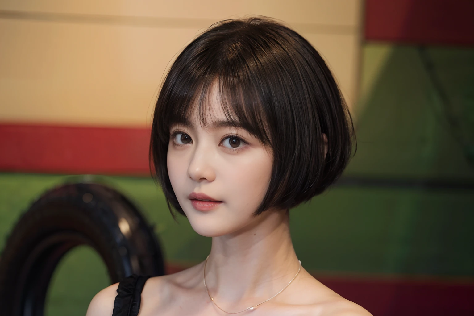 15
(Shorthair:1.3), (a 20 yo woman), (A hyper-realistic), (masutepiece), (8KUHD), Beautiful woman, Small eyes, (Abstract background:1.23)