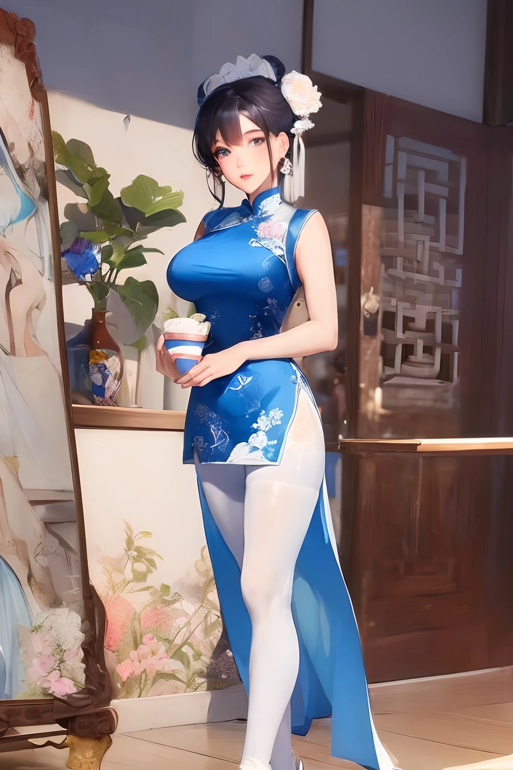 Masterpiece, best, 1 female, blue clothes, blue cheongsam, full body photo, ancient Chinese style, white cloth bun bun, black hair, shoulders, big breasts, slender legs, smile, white pantyhose, pantyhose lace side, white underwear, pale pink lips, embroidered dress