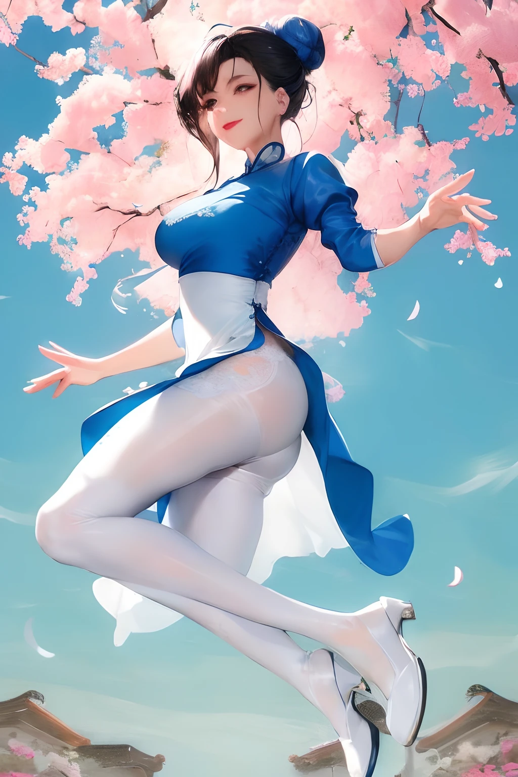 Masterpiece, best, 1 female, blue clothes, blue cheongsam, full body photo, ancient Chinese style, white cloth bun bun, black hair, shoulders, big breasts, slender legs, smile, white pantyhose, pantyhose lace side, white underwear, pale pink lips, embroidered dress