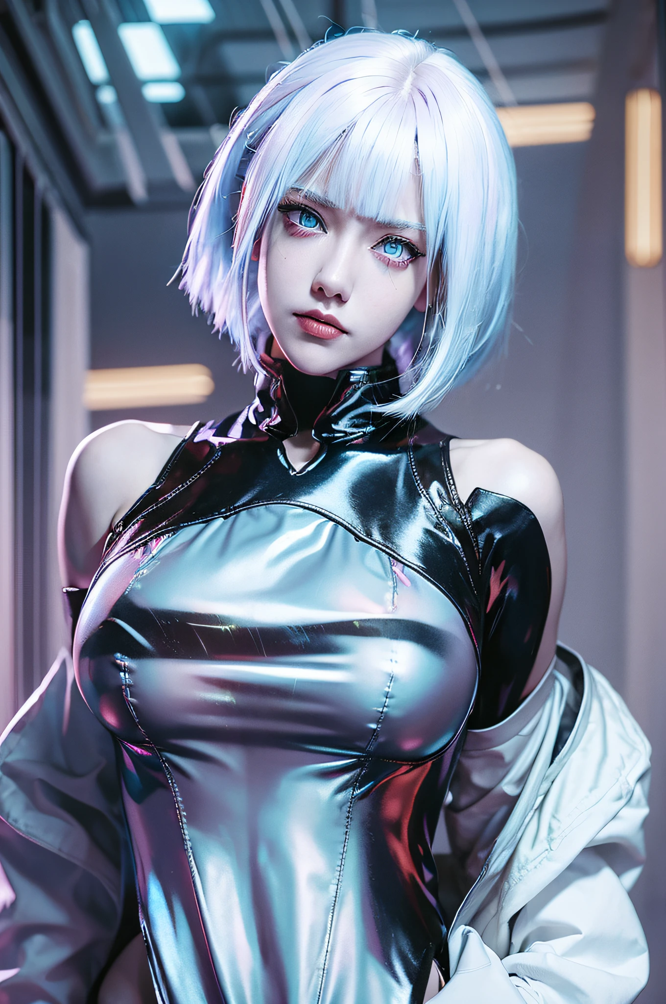cyberpunk edgerunners, 1girl, lucy \(cyberpunk\), bare shoulders, blue eyes, breasts, leotard, looking at viewer, medium breasts, off-shoulder jacket, off shoulder, red eyeliner, short hair, sleeveless turtleneck leotard, solo, turtleneck leotard, white hair, ((masterpiece))