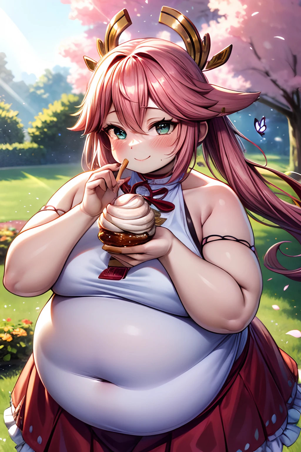 (best quality,4k,8k,highres,masterpiece:1.2),ultra-detailed,Yae Miko,happy,obesity,medium:anime,overweight,cheerful smile,joyful expression,plump cheeks,sparkling eyes,wavy black hair,cute pigtails,Gothic Lolita fashion,vibrant colors,soft lighting,floral background,delicate lace details,intricate patterns on clothing,details of lace ruffles and ribbons,playful pose,sakura petals falling around her,peaceful garden scenery,colourful butterflies fluttering around,Yae Miko holding a giant ice cream sundae with a big joyful smile,filled with chocolates,fruits,and sprinkles,sparkling silver spoon in her hand,enjoying the sweet treat with pure bliss,expression of pure happiness and contentment,positive energy radiating from her,creating a warm and cozy atmosphere,highlighting her joyful personality and love for food.