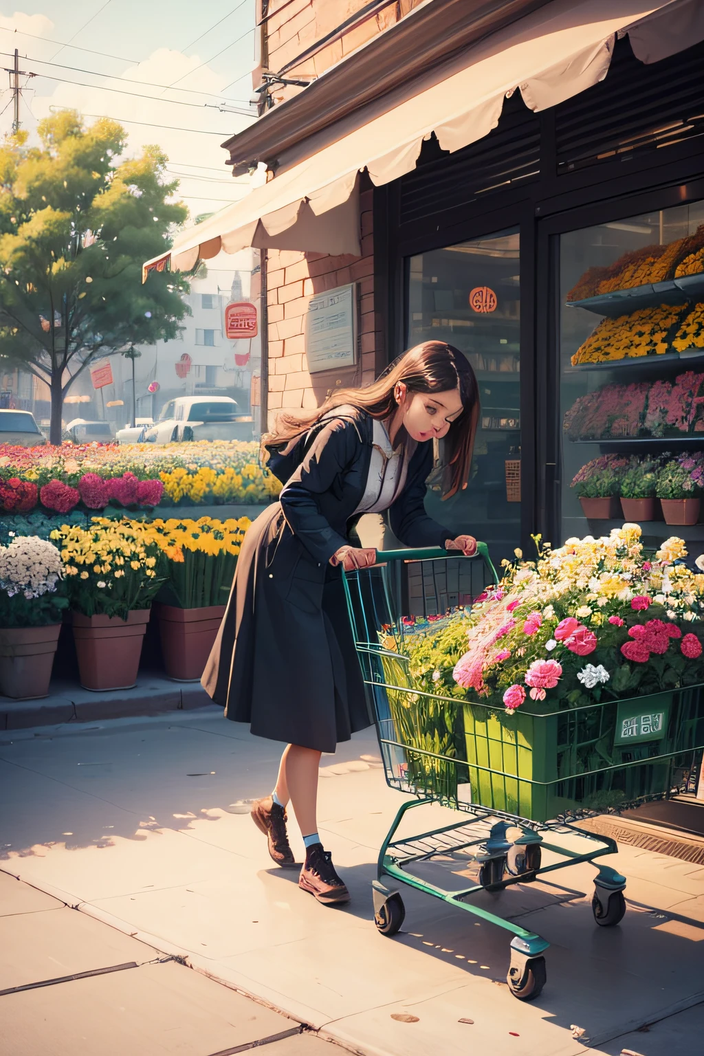 Girl pushing shopping cart to buy flowers at flower market,The cart was full of flowers,Illustration style
