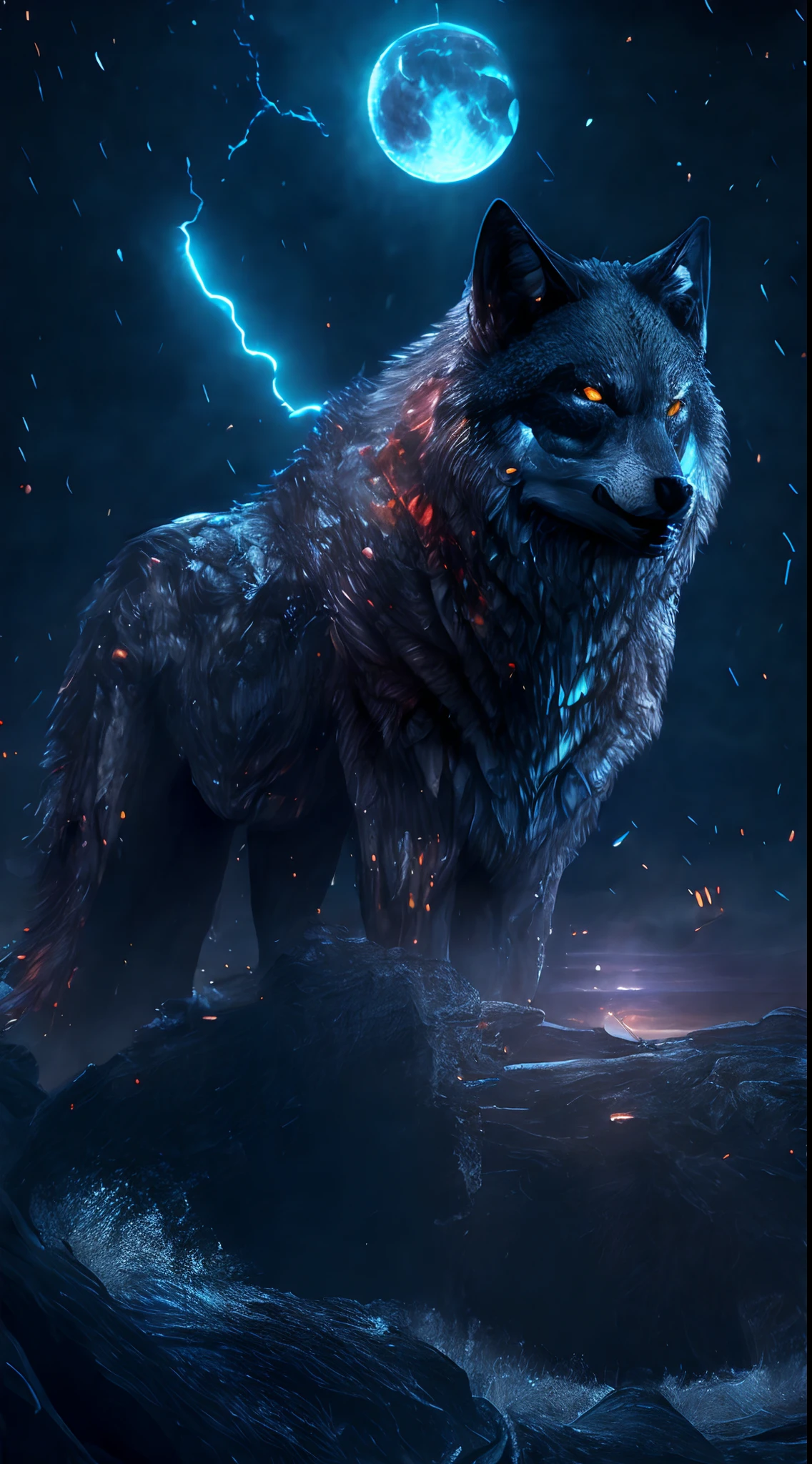 Wolf god, hyper realistic, tension, cold, highly detailed, sharp focus, professional, 8k UHD, cinematic, dark, violent, outdoor, River, battle, chase, dramatic, vivid, nervous vibe, render, epic, twilight, eating the moon, HDR, album cover, blizzard, lightning, cataclysmic