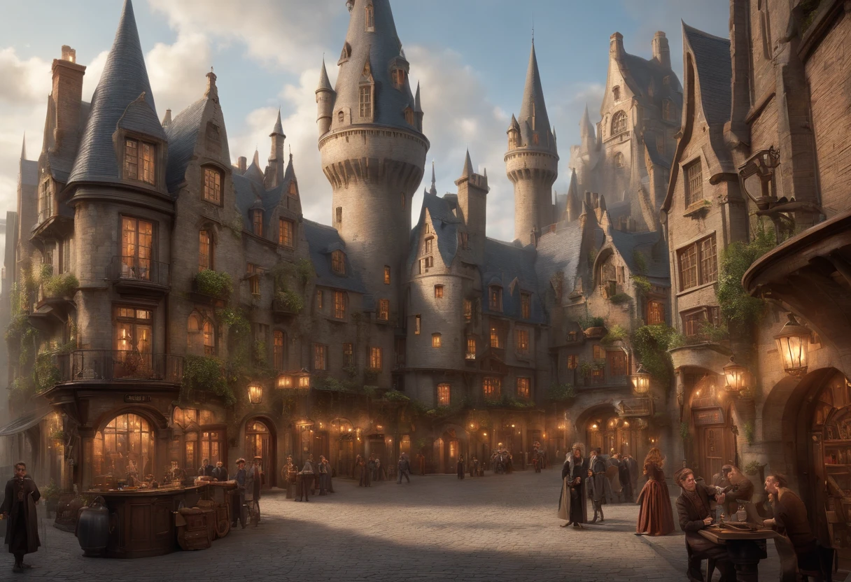 Fantasy art, very wide angle shot, Painting, Detailed , Deviant-art, contest winner, concept-art, , tim hildebrandt, fantasy, ((((Steampunk City)))),,In the daytime,, dreamlike realism, art stations ,, The style of Adrianous Everson ,Not aesthetic architecture, cinematic Film still from,greg rutkovsky, Create reminiscent of《Harry Potter》The scenery of the movie, Diagon Alley and Gringotts exterior,Use intricate details and dynamic design,Immerse your audience in a magical world. An illustration depicting an《Harry Potter》The awe and confusion evoked by the film., a beautiful long blonde girl on the left side of the screeb close up taking selfie