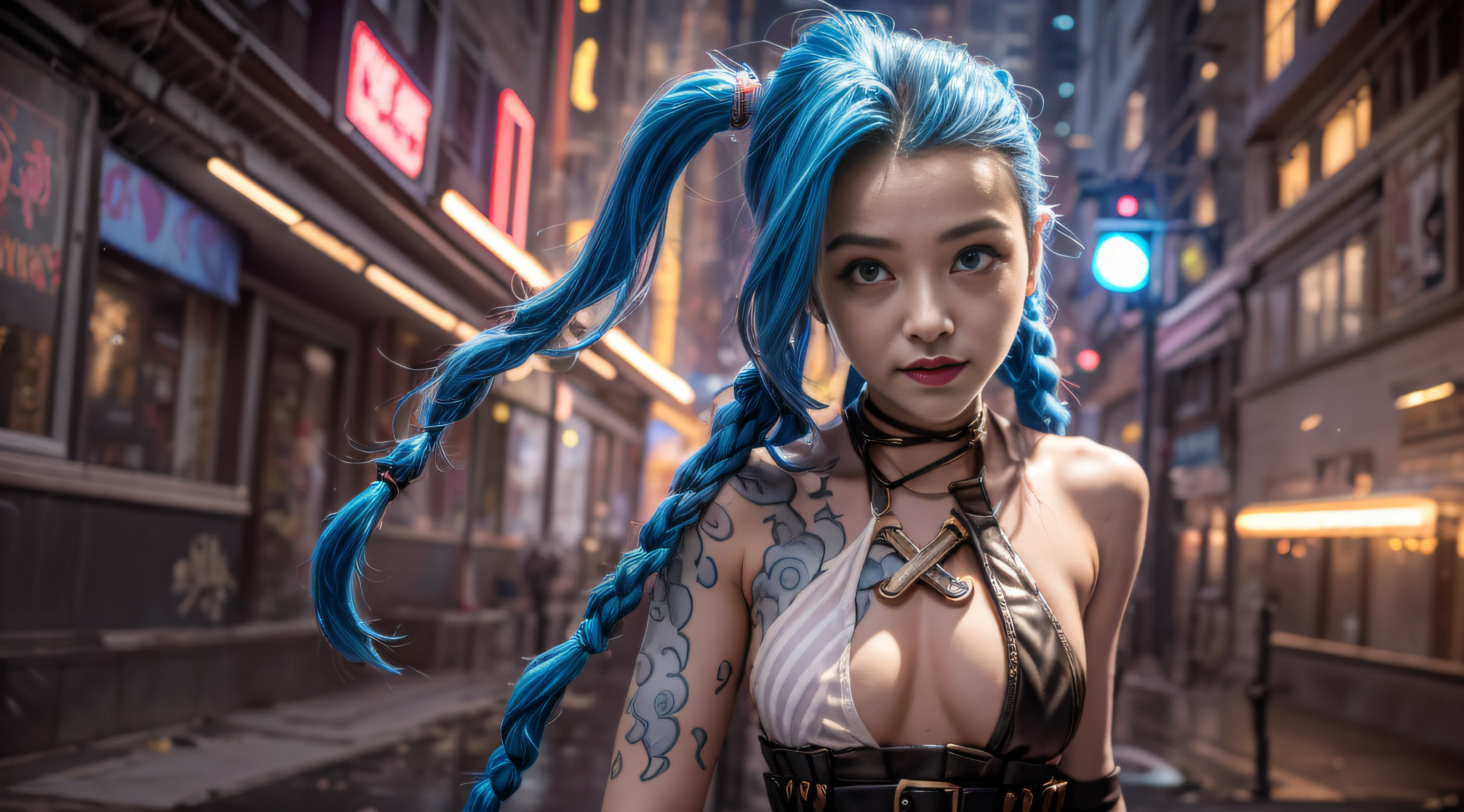 (（（best qualtiy）），（（tmasterpiece）），（The is very detailed：1.3），。.。.。.。.。.。.3D，Mystery style，In the dark and resilient dystopian city of Piertofer，Plagued by violence and split into two opposing factions，A young child prodigy named Jinx appears。After enduring unimaginable losses and abandonment，She embraced a life of chaos and destruction。Jinx is known for his creative and explosive abilities，Become an idol against the oppressive forces that control the city。Sin embargo，She is haunted by guilt and inner demons，She must face her past，And decided to continue on the path of anarchy，Or seek salvation in the midst of turmoil。Explore the journey of Jinx，She sails through a dangerous world，Fight for survival，Uncovering Secrets，And discover the true meaning of her distorted existence，Chaos reigns supreme，And at the heart of it all is Jinx，The embodiment of unpredictability。Delve into Jinx's twisted mind，exploring the origins of her madness and the driving force behind her destructive nature。Uncover the moments that molded her into the crazy and iconic character we know。Take us on a wild journey，Travel through the vibrant streets of Piertover and the gloomy hinterland of Zaun，Jinx wreaks havoc with her explosive arsenal。Can salvation enter Jinx's broken soul？Or will she always dance on the edge of sanity，Embrace the chaos that drives her existence？The fate of Arcane hangs in the balance，Because Jinx's path is intertwined with unlikely allies and formidable enemies。Ignite your imagination，A vivid portrait depicting Jinx's twisted mind，Capture the essence of her madness and the spirit that defines her，hdr（HighDynamicRange），Ray traching，NVIDIA RTX，Hyper-Resolution，Unreal 5，sub surface scattering，PBR textures，Post-processing，Anisotropy Filtering，depth of fields，Maximum clarity and sharpness，Many-Layer Textures，Albedo e mapas Speculares，Surface coloring，Precise simulation of light-material interactions，perfectly proportions), (fisheyelens), self-shot, Cowboy shot, Wind, Messy hair, cyberpunk city landscape, (Aesthetics and atmosphere:1.2),Smiling, Laughing，(fisheyelens), self-shot, Cowboy shot, Wind, Messy hair, cyberpunk city landscape, (Aesthetics and atmosphere:1.2),Smiling, Laughing，wide wide shot.  A dystopian world in the background, Photorealistic, 4K, Cyberpunk