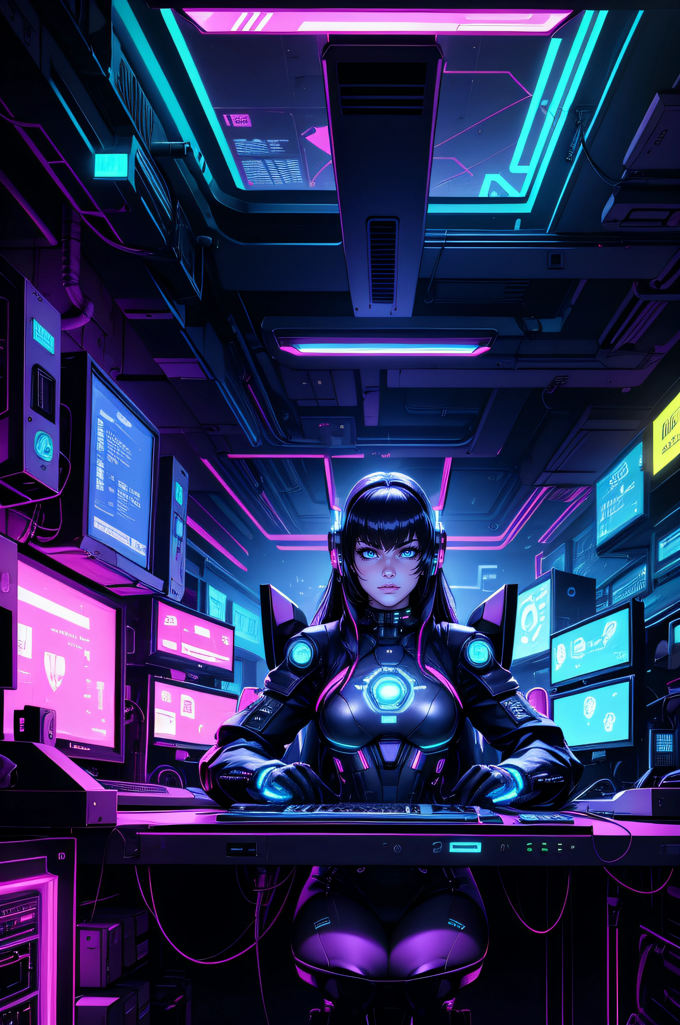 Hot gamer girl sitting in front of a dimly lit computer lab with lots of monitors and a keyboard, super military computer, W.O.P.R, cyberpunk setting, Cyber punk configuration, cyber neon lighting, cyber space, cyberpunk with neon lighting, lights cyber neon, in a cyberpunk themed room, interior cyberpunk, Gamer screen on metal table, cyber aesthetic, Cybernetic style, computer sci-fi, cyber background, cyber installation, console and computer