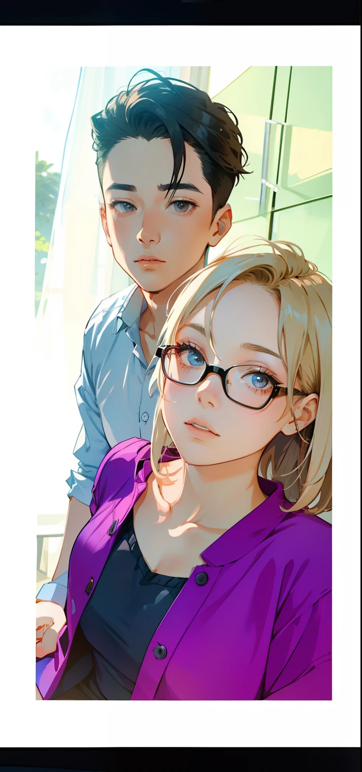 top-quality　​masterpiece　Male and female couples　Girl sitting on a chair wearing a tight skirt over a blouse。Boys hugging each other from behind。Boys wearing high school long pants uniforms with mash cut hairstyles。Without glasses、Revenge relationship