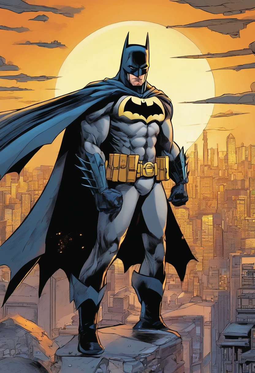 Batman a powerful warrior from another planet, trains in the floating city of Bespin high above the clouds. The futuristic cityscape is awe-inspiring, with towering skyscrapers and bustling air traffic. Batman trains with intense focus, surrounded by a calm and serene atmosphere that belies the city's frenetic energy. The atmosphere is filled with a sense of anticipation, as if Batman is preparing for an impending battle. The lighting is dim, with a diffuse, yellow hue that casts long shadows on the ground, adding to the pensive mood