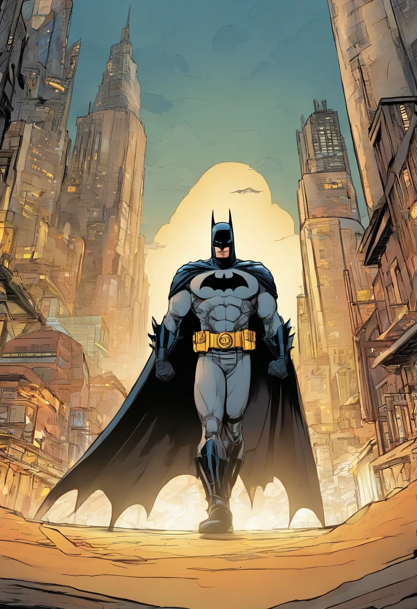 Batman a powerful warrior from another planet, trains in the floating city of Bespin high above the clouds. The futuristic cityscape is awe-inspiring, with towering skyscrapers and bustling air traffic. Batman trains with intense focus, surrounded by a calm and serene atmosphere that belies the city's frenetic energy. The atmosphere is filled with a sense of anticipation, as if Batman is preparing for an impending battle. The lighting is dim, with a diffuse, yellow hue that casts long shadows on the ground, adding to the pensive mood