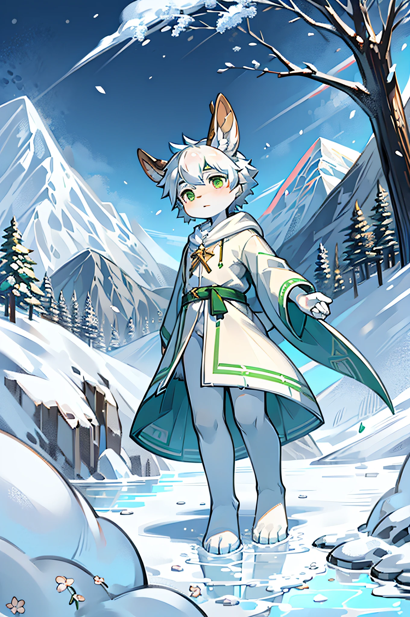 A white deer，deer antlers，rios，mountain ranges，long white robe，Green eyes，blue-sky，White petals，Melting of ice and snow，Melting of ice and snow，Shota，adolable，White pear blossom tree，Shota，adolable，out a hand，Green clothing