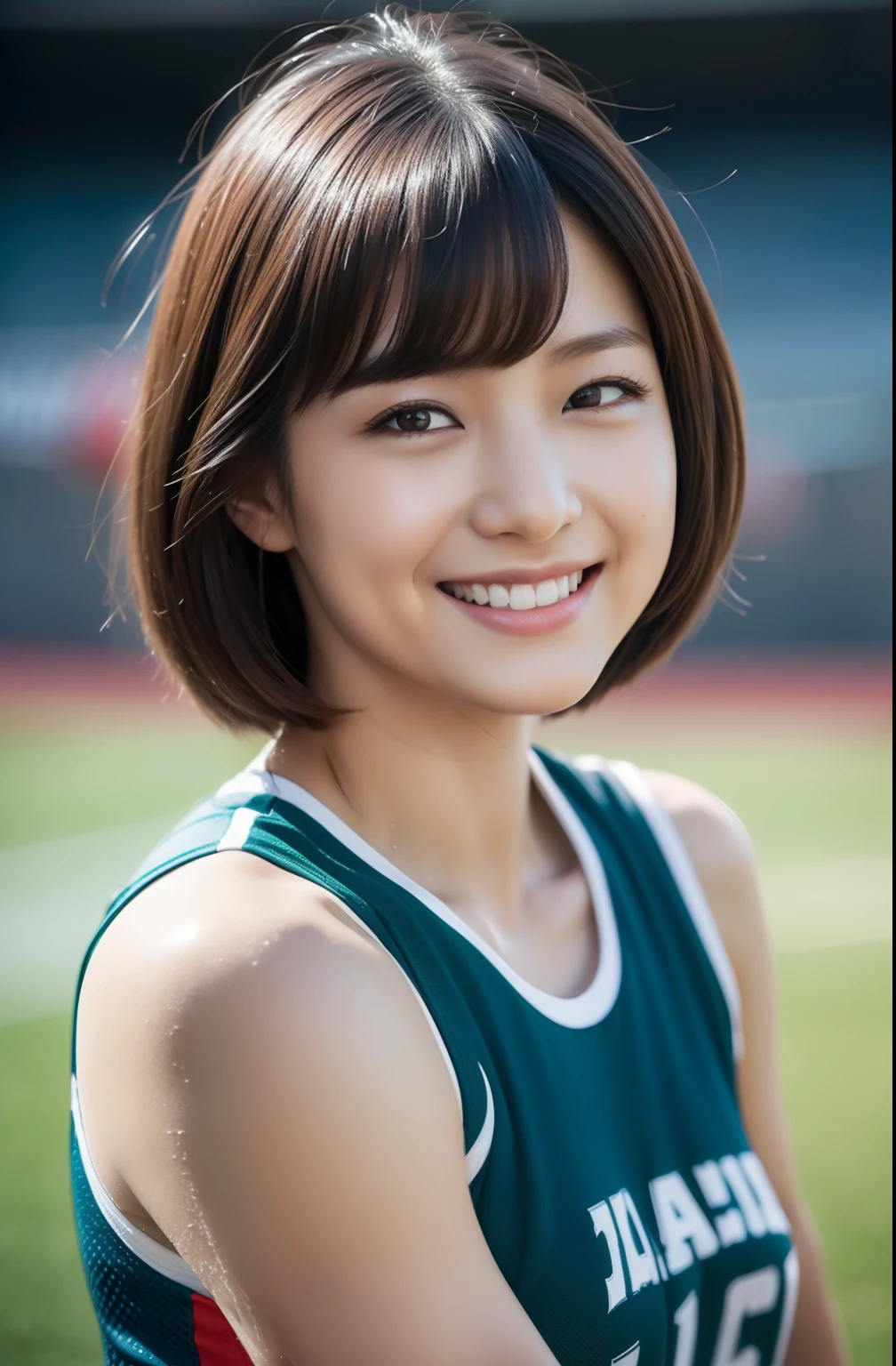 (((short-range、Long distance、Mass sweat)))、1 beautiful girl、Lean forward to bring your chest closer、Wet shirt、a wet body、((toru & Field Athletes Women))、(((1 persons)))、((Short-cut hairstyles))、Competition uniforms、((Stadium))、Transcendent Cute、A slight smil、Beautiful breasts、full body Esbian、hairarmpits、athletic field、((Outstanding style))、((Healthy body))、 、Women in Japan、Photorealsitic、Beautiful detailed eyes、Hyper-Realism、highcontrast、Ultra HD、realistic skin textures、Top image quality、top-quality、超A high resolution、Fine details、Very meticulously