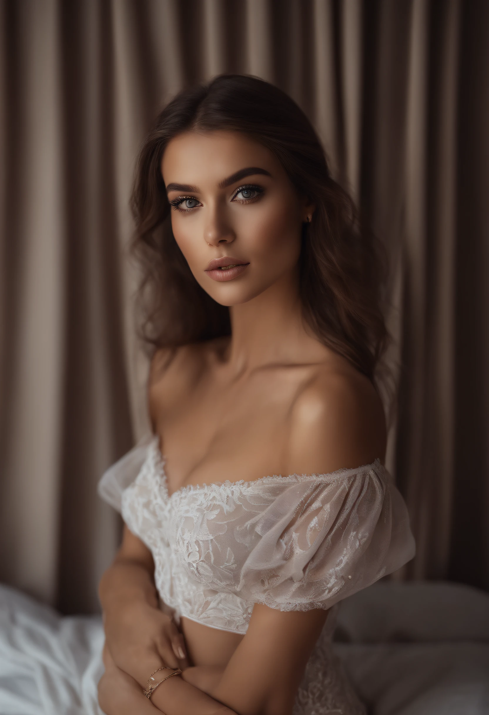 Full-length brunette woman , fille sexy aux yeux vert, ultra realist, Meticulously detailed, Portrait Sophie Mudd, cheveux bruns et grands yeux, selfie of a young woman, Dubai Eyes, Violet Myers, sans maquillage, maquillage naturel, looking straight at camera, Visage avec Artgram, Maquillage subtil, Great photo of the whole body kneeling on the bed, dans la chambre, Medium to large bust