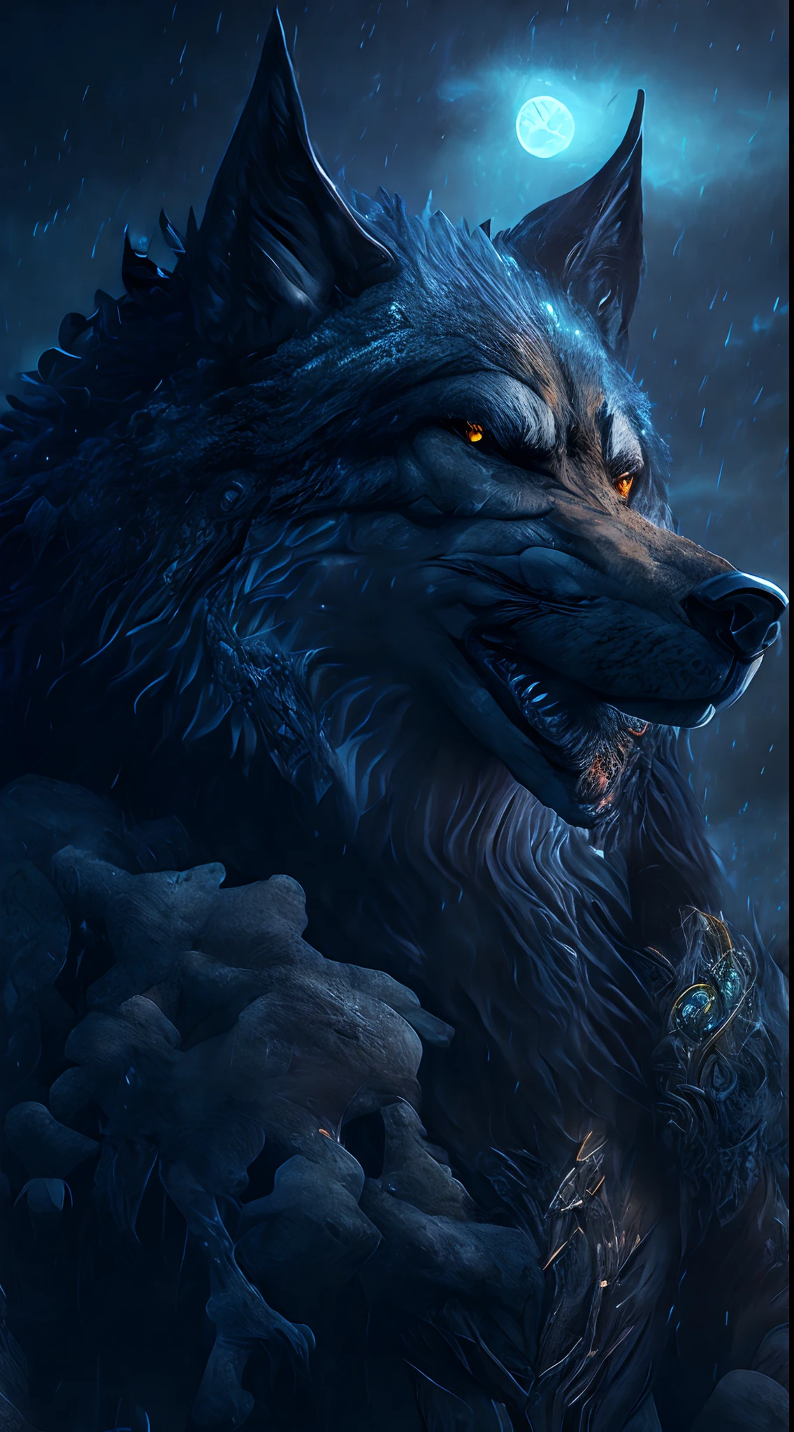 Wolf god, hyper realistic, tension, cold, highly detailed, sharp focus, professional, 8k UHD, cinematic, dark, violent, outdoor, River, battle, chase, dramatic, vivid, nervous vibe, render, epic, twilight, eating the moon, HDR, album cover, blizzard, lightning, cataclysmic