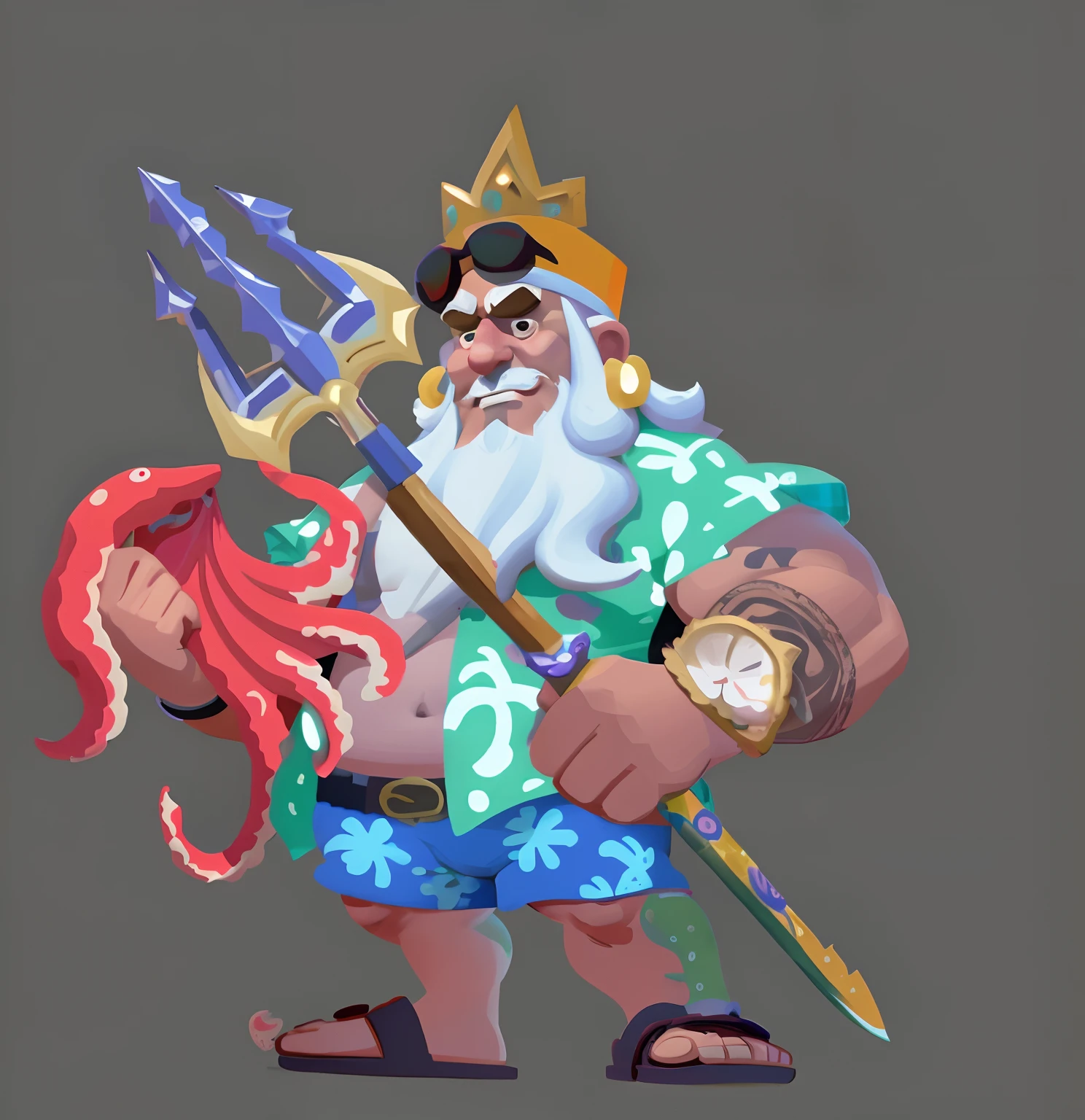 Neptune, a fat old man, holding an octopus in his right hand and a trident in his left hand, beach shorts, floral shirt, sandals, sunglasses, crown, European and American cartoon style, hand-painted impasto style,