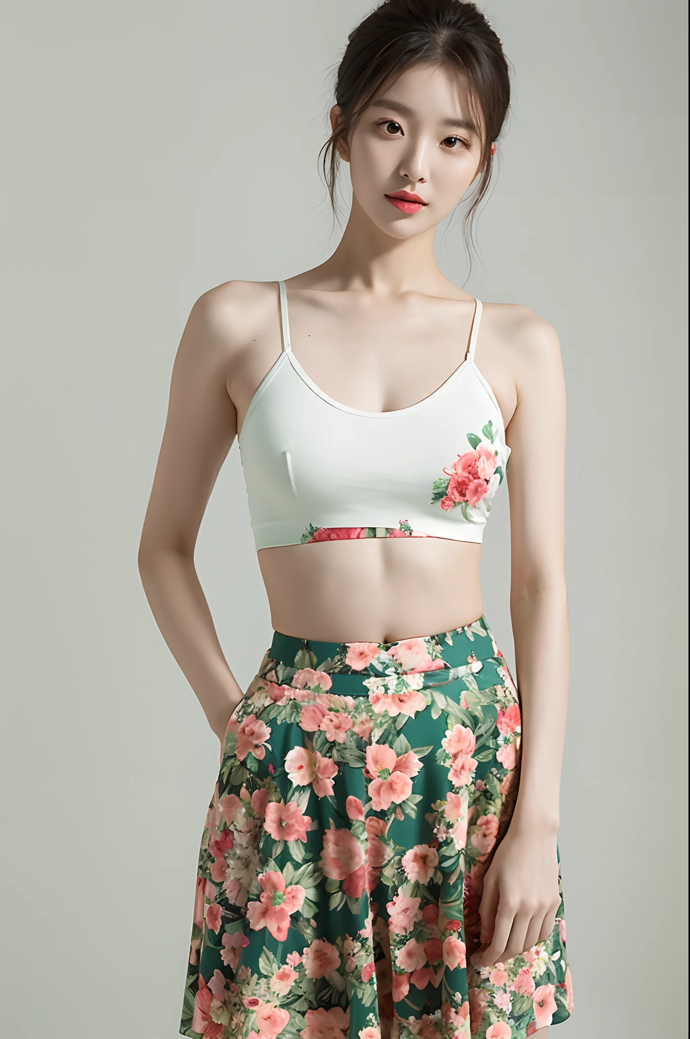 a woman in a floral crop top and mint skirt posing for a picture, croptop, crop top, bralette, wearing white camisole, bae suzy, wearing a camisole, physical : tinyest midriff ever, gorgeous young korean woman, heonhwa choe, cutecore, lulu chen, reluvy5213