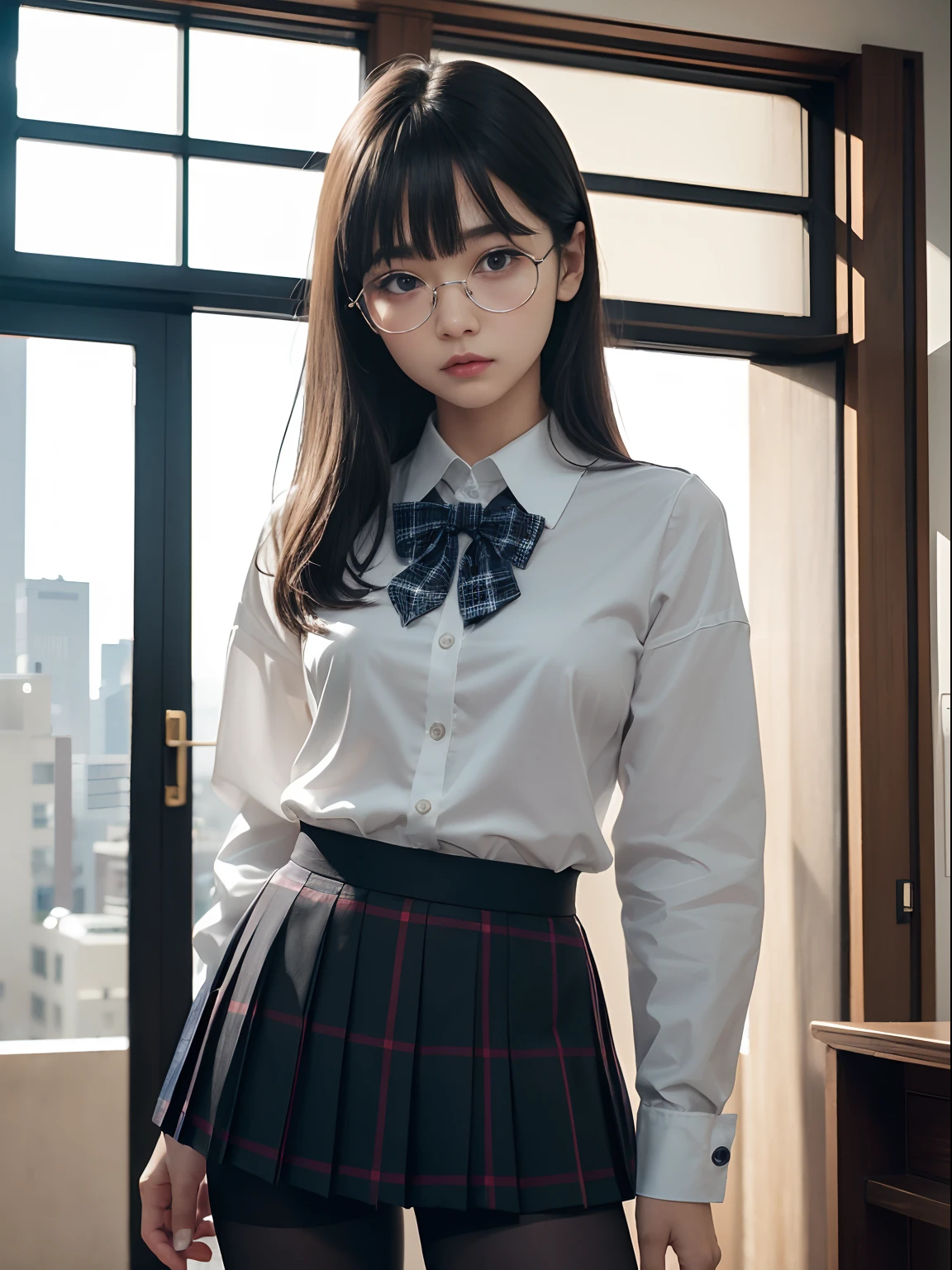 (Long bob cut)、(Underwear is visible)、((Narrow-eyed))、((Narrow-eyed))、((Narrow-eyed))、(8K、Raw photography、top-quality、​masterpiece：1.2),((small tits))、((small tits))、((small tits))、((small tits))、((small tits))、((A-cup))、((A-cup))、((A-cup))、((A-cup))、((A-cup))、Has a small、(flat breast)、(flat breast)、(flat breast)、(flat breast)、(flat breast)、(being thin)、Dark look、Rasping,glamor,Chromo-white skin,cocky,School,watching at viewers,Looking at the front,Muchimuchi,High-pitched clothing,Erotic,Pupils,de pele branca,kne,((Black pantyhose)),absurderes,a small face,,Forehead visible,Bangs hanging from the left and right sides of the forehead,(a cold expression,Tight eyes,glares,Bullish,irate)、​masterpiece,top-quality、超A high resolution,Raw photo,ren,Beautiful fece,One Person, 独奏,eye glass,,Dark look,Small breasts,fullllbody,Round glasses,JK school uniform,hi-school girl,A Japanese Lady,is standing,（Photorealsitic：1.37）、Photon mapping,Realistic、Beautie,Cute little face,Brown-eyed、Black socks、(Red bow tie)、Radio City、Physically Based Rendering、depth of fields、Blurry background、a picture,Body,beauty legs, Long legs, Thin leg,(Bangs are visible), hair, s lips, Blue_The eye, nosesoft,(Light blue shirt), (Navy and blue and white plaid pleated skirt), Knees are visible,Sheer clothing,, Thigh, Black cotton socks,Nogizaka Idol, 女優, Japanese ido
