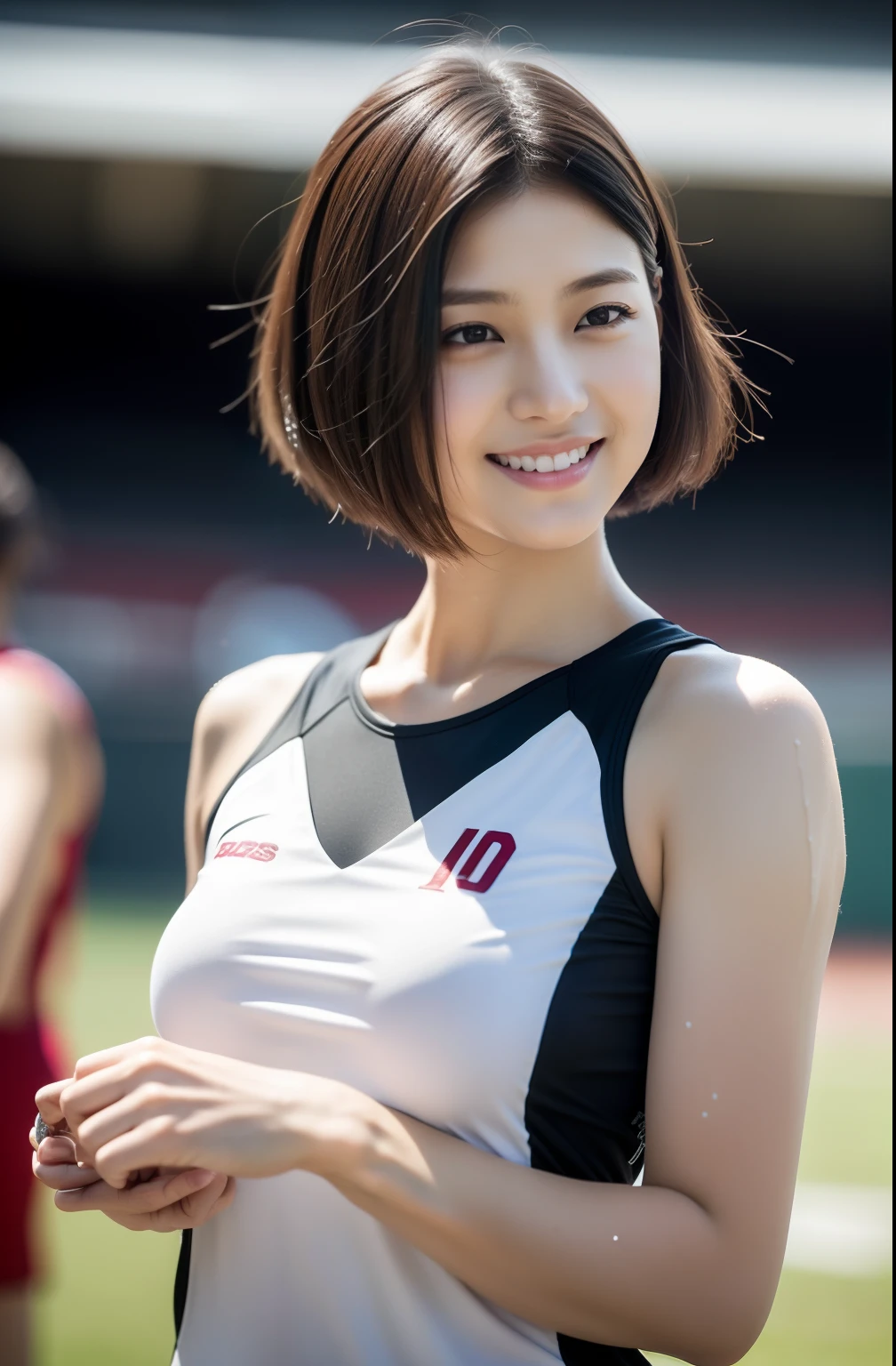 (((full bodyesbian)))、well-muscled、beauty legs、((Track & Field Athletes Women))、Women in Japan、((Short-cut hairstyles))、1 Beautiful Girl、(((1人)))、Competition uniforms、((stadium))、Transcendent cute、A slight smil、Beautiful breasts、full bodyesbian、athletic field、((Outstanding style))、((Healthy body))、 Photorealsitic、Beautiful detailed eyes、Hyper-Realism、highcontrast、Ultra HD、realistic skin textures、Top image quality、top-quality、超A high resolution、Fine details、Very meticulously