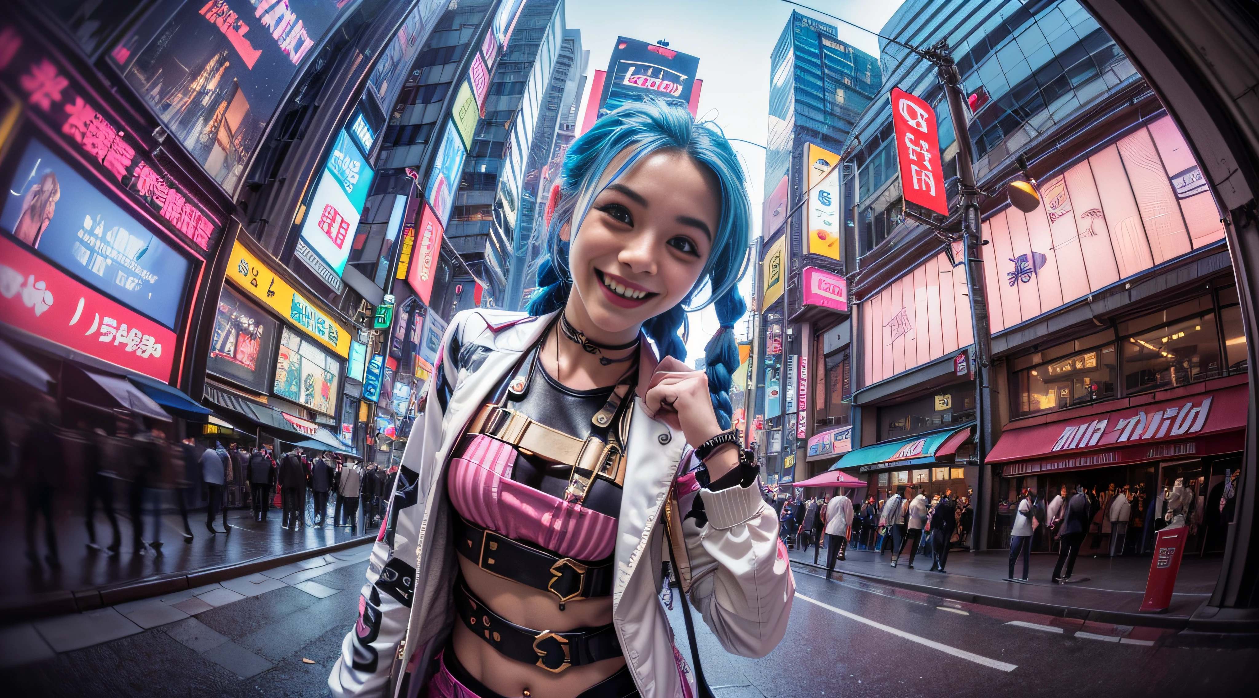 ((Jinx is dressed in a Harajuku Tech costume), (Fisheye lens 1.5), self-shot, Cowboy shot, Wind, Messy hair, cyberpunk city landscape, (Aesthetics and atmosphere:1.2),Smiling, Laughing，wide wide shot