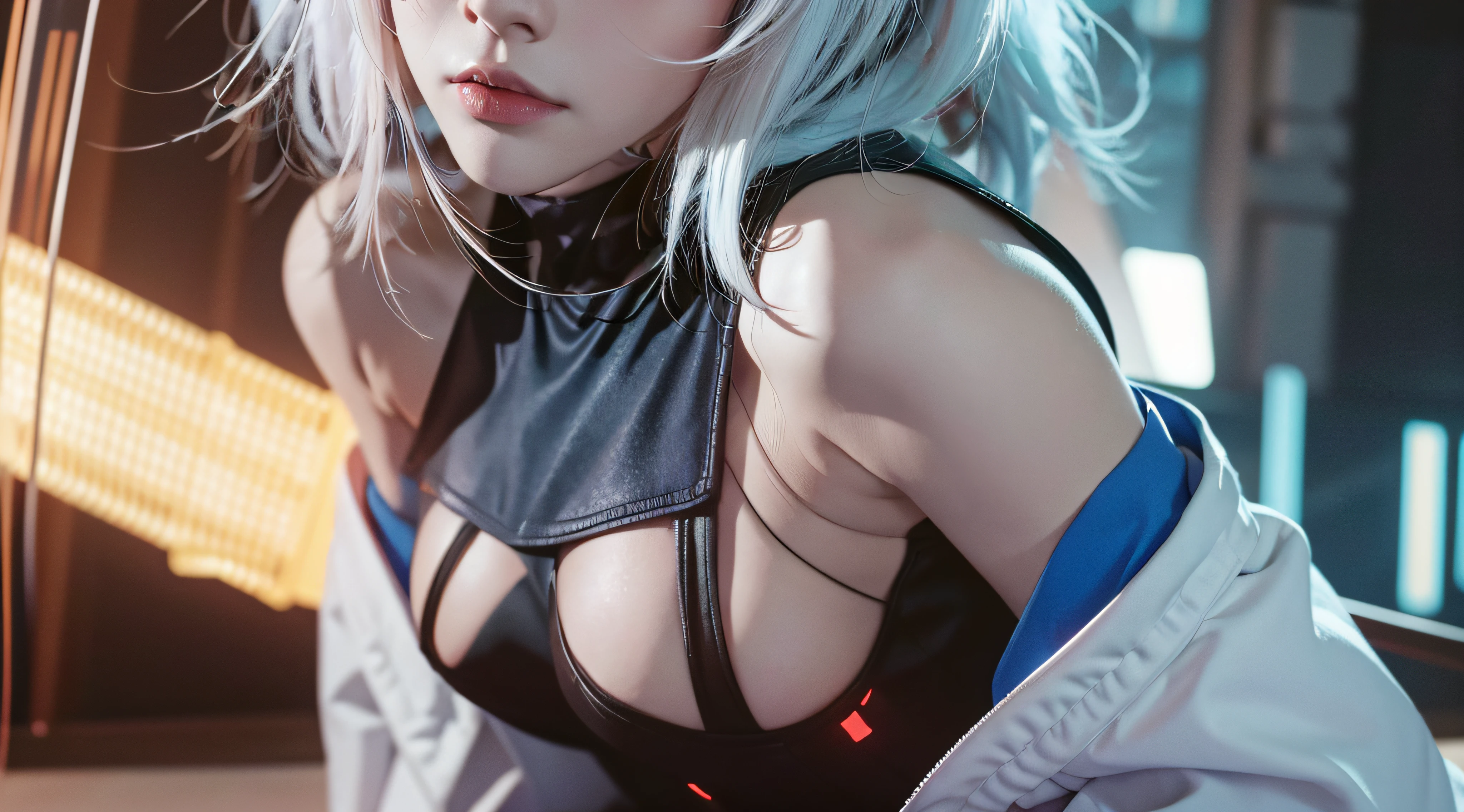 cyberpunk edgerunners, 1girl, lucy \(cyberpunk\), bare shoulders, blue eyes, breasts, leotard, looking at viewer, medium breasts, off-shoulder jacket, off shoulder, red eyeliner, short hair, sleeveless turtleneck leotard, solo, turtleneck leotard, white hair, ((masterpiece))
