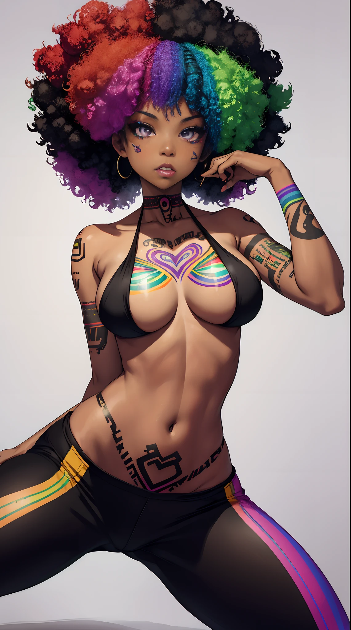 Beautiful Mulatto Girl, Black and Rainbow Hair, Black and Rainbow Makeup, Hip-Hop Girl, Ripped Rainbow Yoga Pants, Exposed , Nsfw, Curly Afro, Slender, Rainbow Eyes, Tribal Tattoos, hip hop studio background