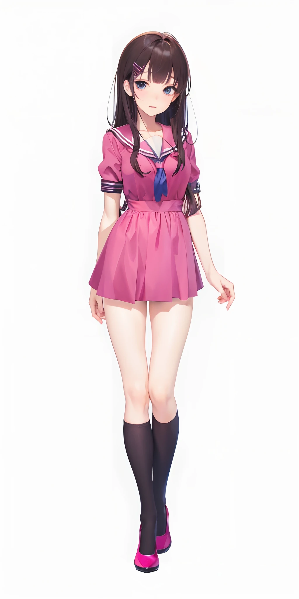 ((Best quality)), anime girl in a short pink dress and black stockings, cute anime waifu in a nice dress, single character full body, realistic schoolgirl, anime full body illustration, yandere. tall, render of a cute 3d anime girl, render of april, smooth anime cg art, full body single character, anime vtuber full body model