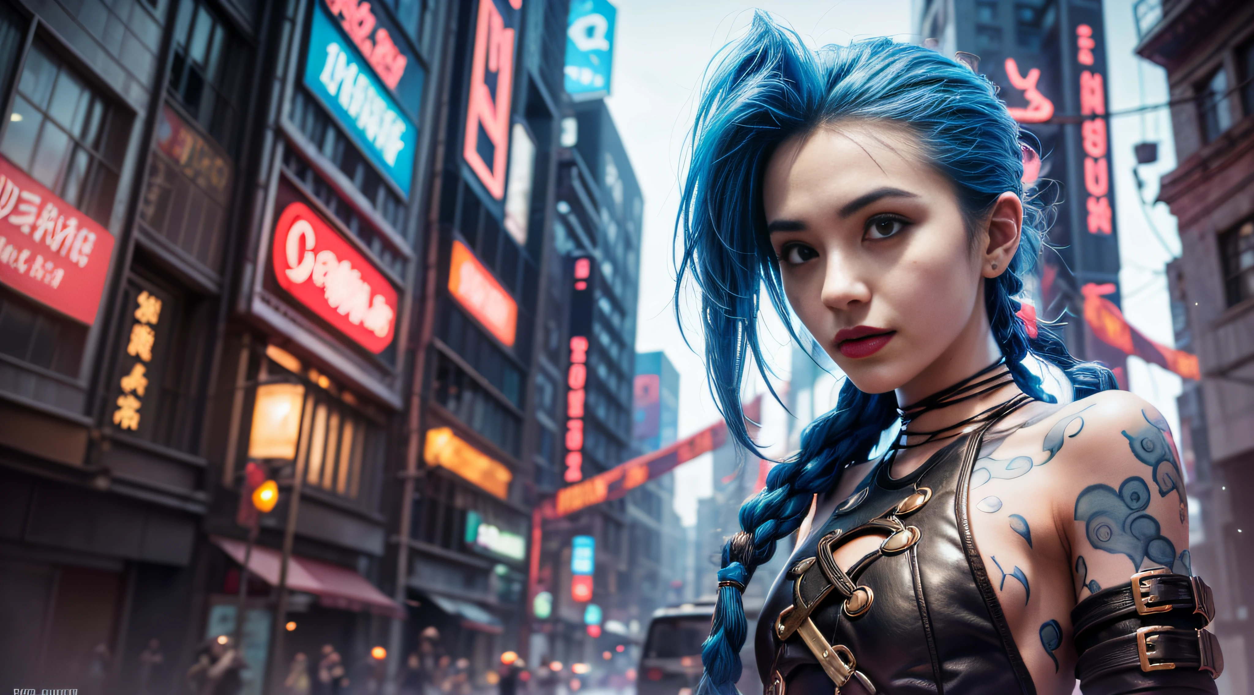 (((best qualtiy)),((tmasterpiece)),(The is very detailed:1.3),。.。.。.。.。.。.。.。.3D,Mystery style,In the dark and resilient dystopian city of Piertofer,Plagued by violence and split into two opposing factions,A young child prodigy named Jinx appears。After enduring unimaginable losses and abandonment,She embraced a life of chaos and destruction。Jinx is known for his creative and explosive abilities,Become an idol against the oppressive forces that control the city。Sin embargo,She is haunted by guilt and inner demons,She must face her past,And decided to continue on the path of anarchy,Or seek salvation in the midst of turmoil。Explore the journey of Jinx,She sails through a dangerous world,Fight for survival,Uncovering Secrets,And discover the true meaning of her distorted existence,Chaos reigns supreme,And at the heart of it all is Jinx,The embodiment of unpredictability。Delve into Jinx's twisted mind,exploring the origins of her madness and the driving force behind her destructive nature。Uncover the moments that molded her into the crazy and iconic character we know。Take us on a wild journey,Travel through the vibrant streets of Piertover and the gloomy hinterland of Zaun,Jinx wreaks havoc with her explosive arsenal。Can salvation enter Jinx's broken soul?Or will she always dance on the edge of sanity,Embrace the chaos that drives her existence?The fate of Arcane hangs in the balance,Because Jinx's path is intertwined with unlikely allies and formidable enemies。Ignite your imagination,A vivid portrait depicting Jinx's twisted mind,Capture the essence of her madness and the spirit that defines her,hdr(HighDynamicRange),Ray traching,NVIDIA RTX,Hyper-Resolution,Unreal 5,sub surface scattering,PBR textures,Post-processing,Anisotropy Filtering,depth of fields,Maximum clarity and sharpness,Many-Layer Textures,Albedo e mapas Speculares,Surface coloring,Precise simulation of light-material interactions,perfectly proportions), (Fisheye lens 1.5), self-shot, Cowboy shot, Wind, Messy hair, cyberpunk city landscape, (Aesthetics and atmosphere:1.2),Smiling, Laughing,(fisheyelens), self-shot, Cowboy shot, Wind, Messy hair, cyberpunk city landscape, (Aesthetics and atmosphere:1.2),Smiling, Laughing,wide wide shot. A dystopian world in the background, Photorealistic, 4K, Cyberpunk