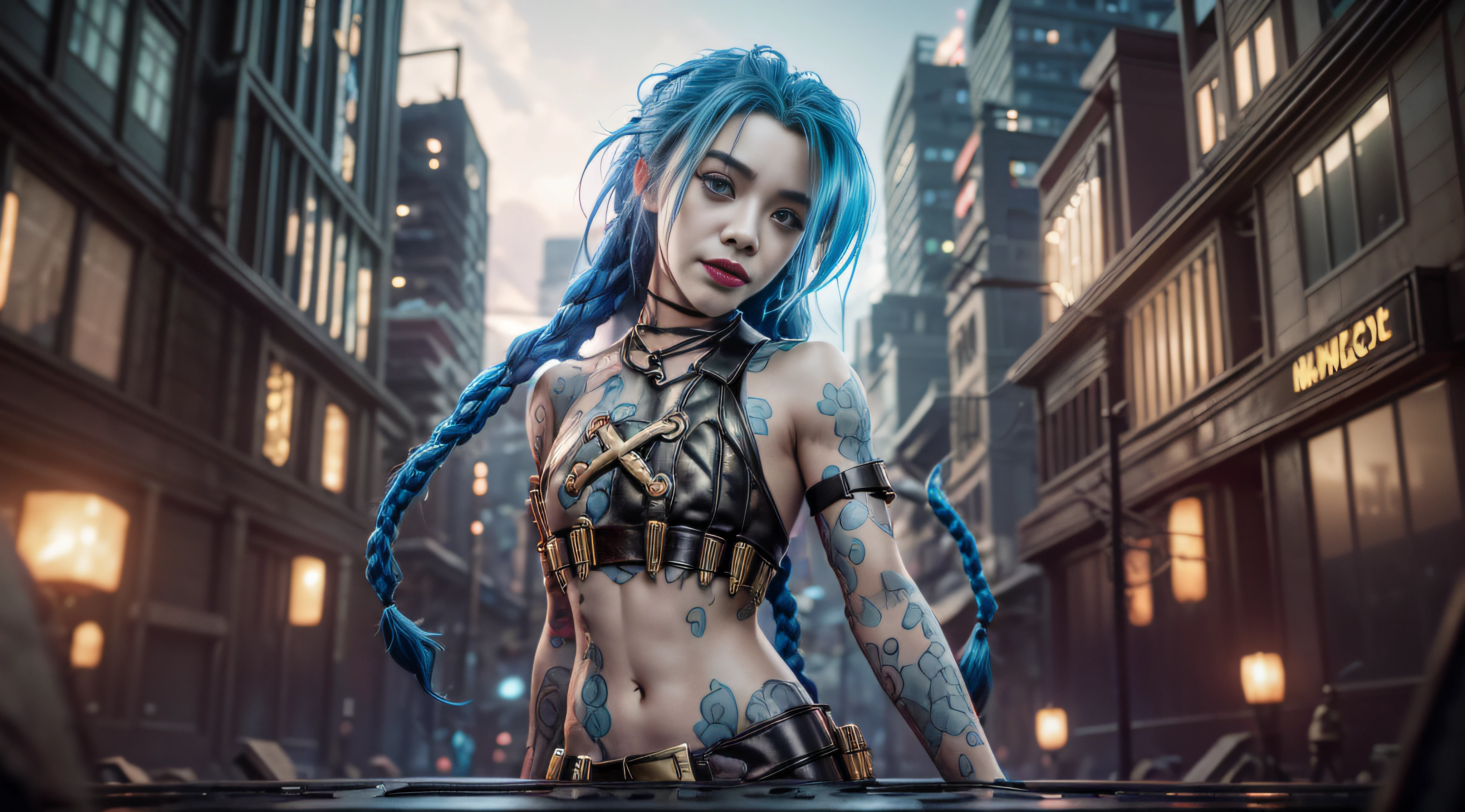 Jinx，Jinx blue hair，（Cinematic tones）（The film uses cool colors of blue and gray）,Top image quality, tmasterpiece, 超高分辨率, （Fidelity：1.4）, stunningly beautiful woman, （Deeply condolences）, , dim murky lights, shadowy, Desperate, Pity, Pathetic, Cinematic, Tears, tear drop, ,  Surprising crying, Clear white skin,  There are scratches everywhere, Dirty face,  White skin,  Smooth skin, Surprisingly realistic pictures, 8K high quality medium dark illumination, High detail, Detail Eye, Detal Face,，Full body photo，wide wide shot，In an abandoned street，