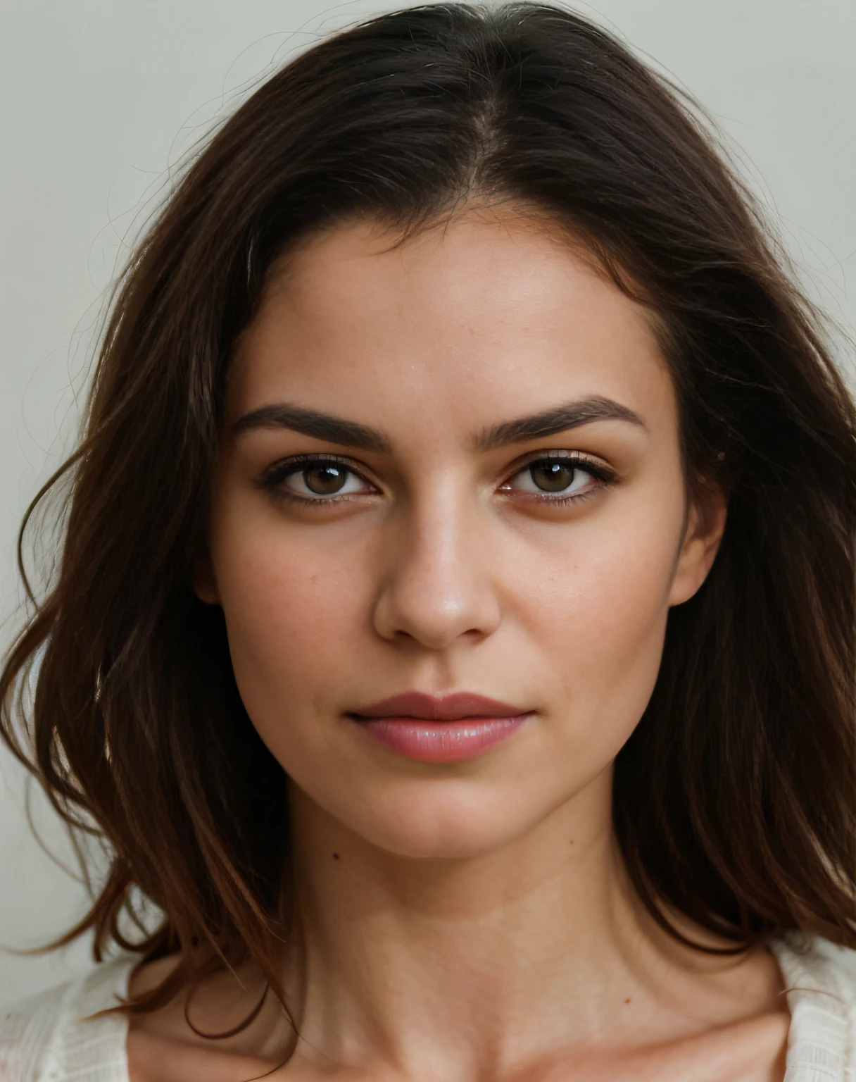 top-quality, ​masterpiece, hight resolution, Photorealsitic, Raw photography, 8k wallpaper, flawless, profetional lighting, Highly detailed, depth of fields,Pale solid color background, ((One beautiful woman)), ((40 years old)), Female sexy, Detailed face, beautidful eyes, bangss, small breasts of good shape, BOB hair, Faint lips, ((Stand forward, serious face eyes)),Sweaters, skirt by the, GREY BACKGROUND, NIPPLES, EYES AT VIEWER, NIPPLES