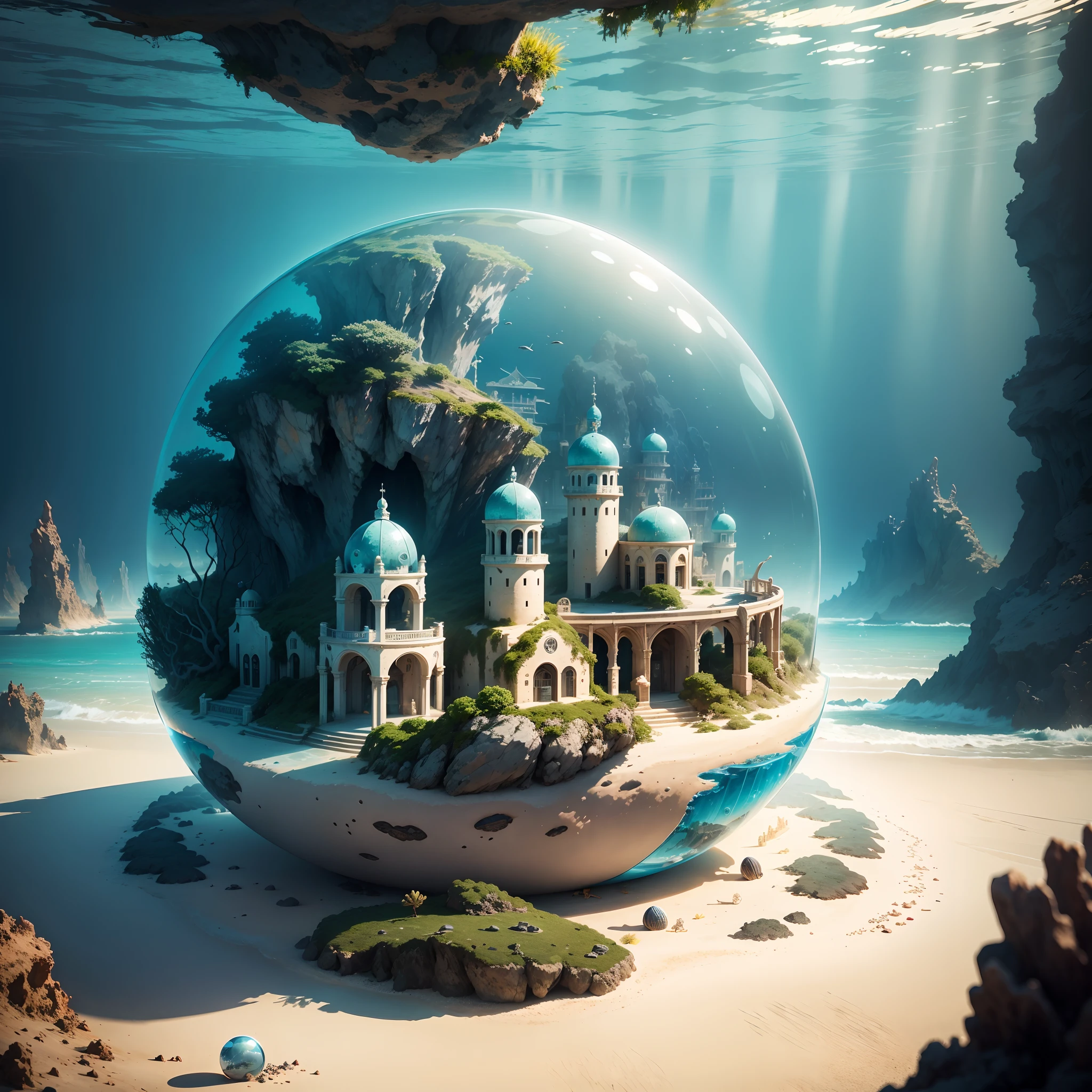 (an underwater city),(Marine life),Transparent fog,The hemispherical shape looks down from the sky,fanciful,Artistically。beach sand background