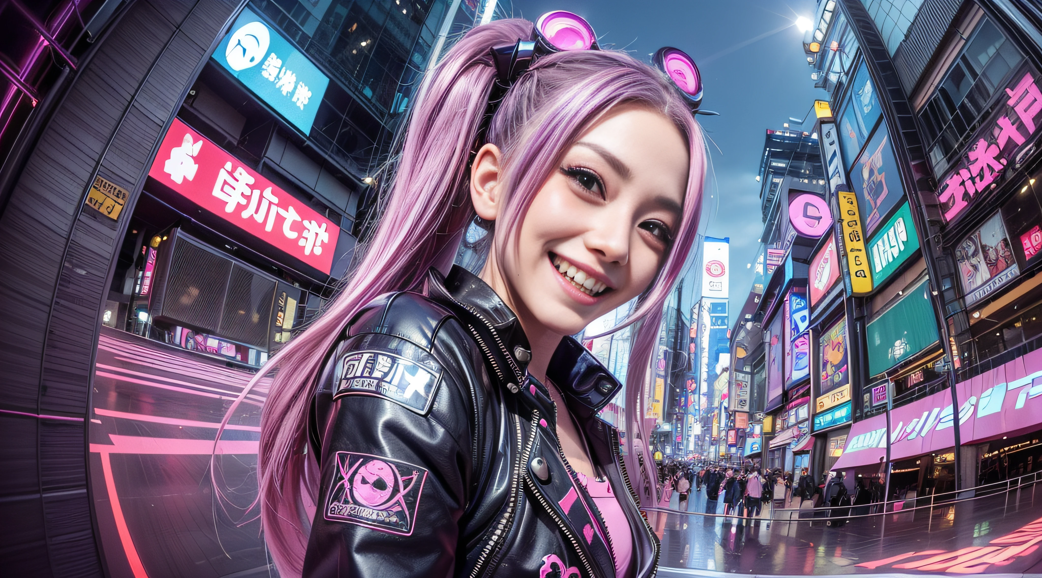 ((Jinx is dressed in a Harajuku Tech costume), (Fisheye lens 1.2), self-shot, Cowboy shot, Wind, Messy hair, cyberpunk city landscape, (Aesthetics and atmosphere:1.2),Smiling, Laughing，wide wide shot