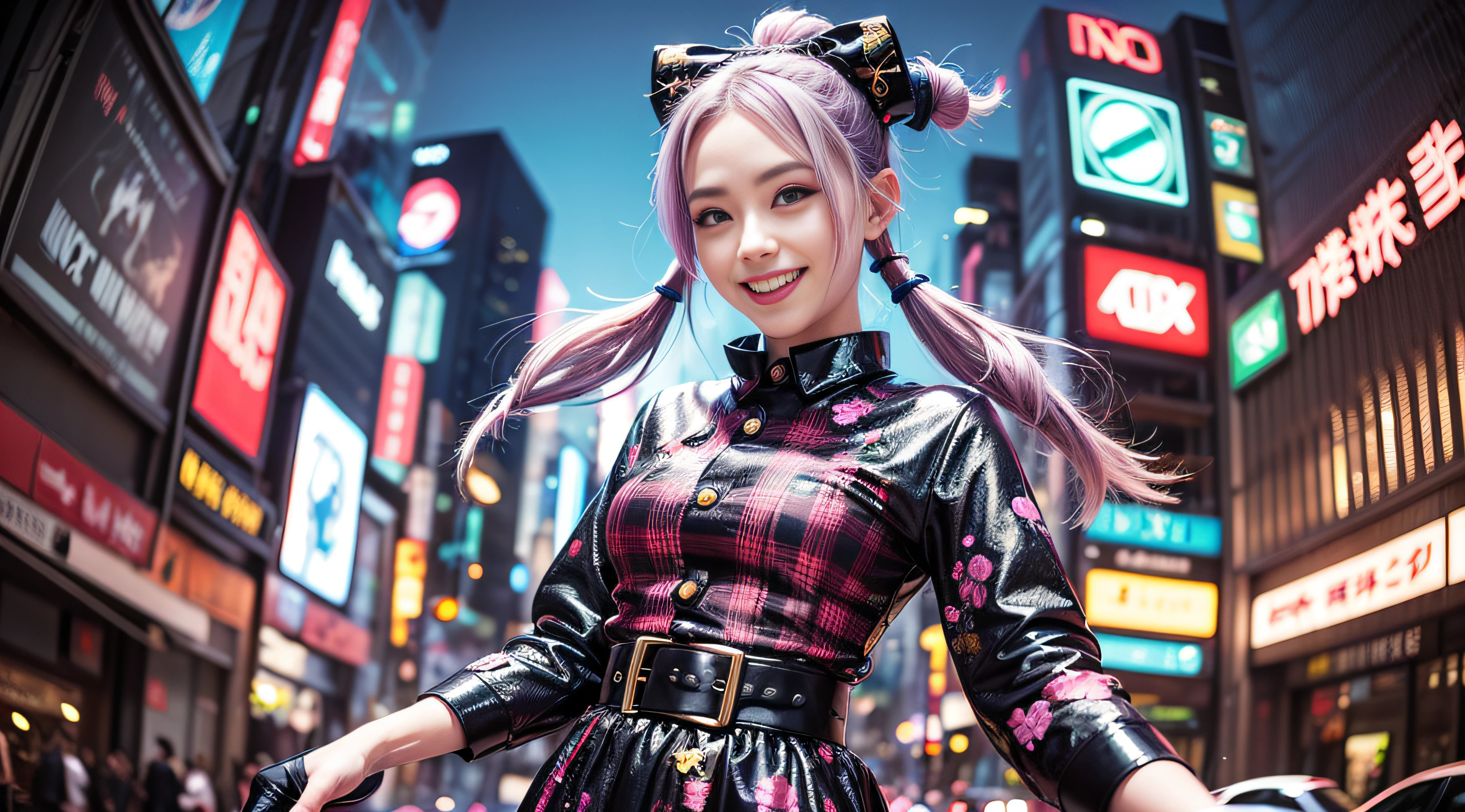 ((Jinx is dressed in a Harajuku Tech costume), (Fisheye lens 1.2), self-shot, Cowboy shot, Wind, Messy hair, cyberpunk city landscape, (Aesthetics and atmosphere:1.2),Smiling, Laughing,wide wide shot