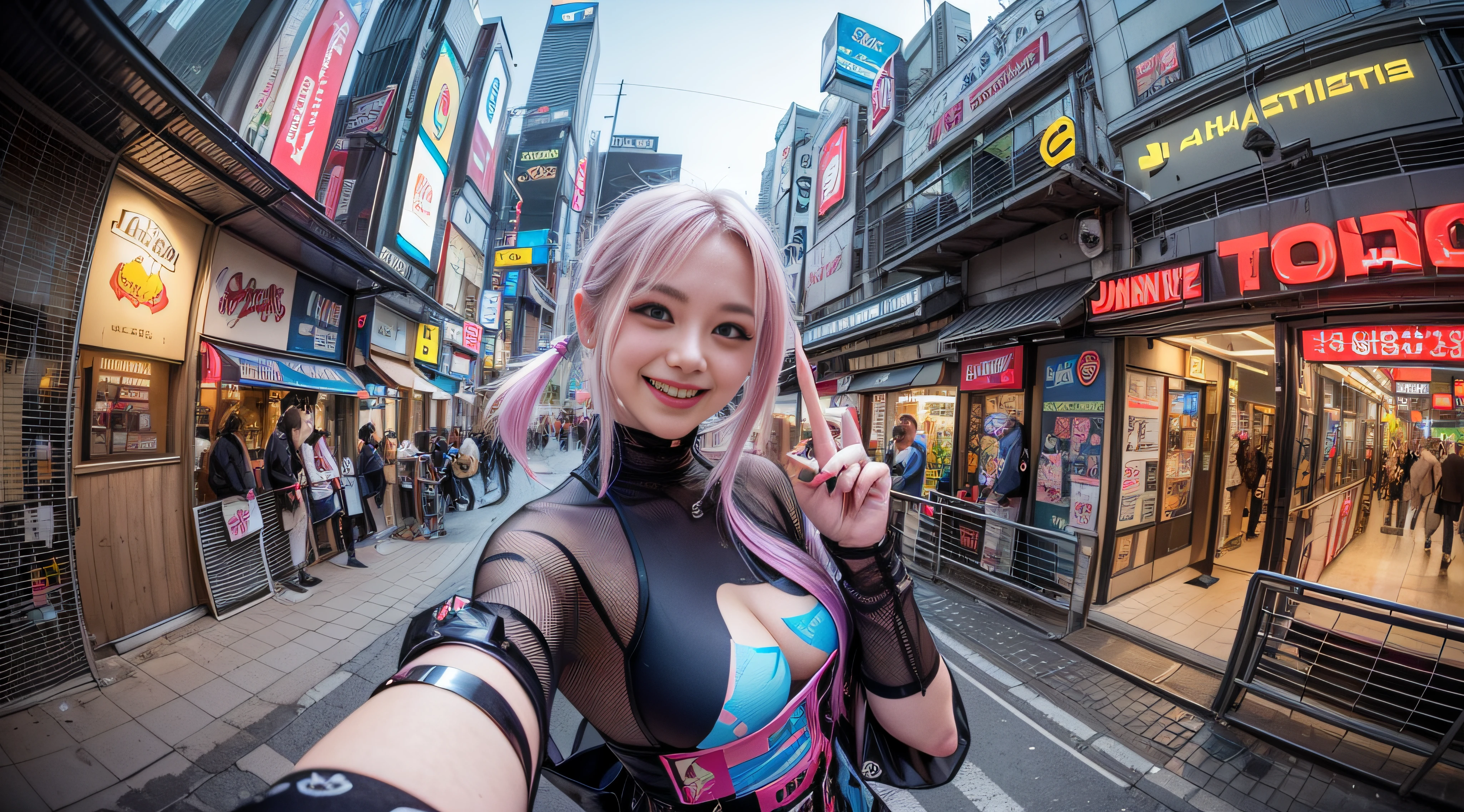 ((Jinx is dressed in a Harajuku Tech costume), (Fisheye lens 1.2), self-shot, Cowboy shot, Wind, Messy hair, cyberpunk city landscape, (Aesthetics and atmosphere:1.2),Smiling, Laughing,wide wide shot