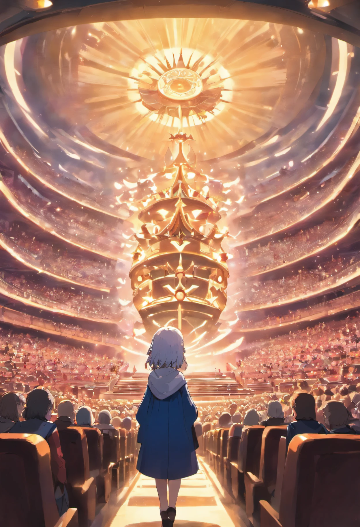 Create a classroom that is a large amphitheater with approximately 20 students in their 50s on average. an elderly professor with a white beard teaches holy things about jesus with futuristic gadgets on stage.