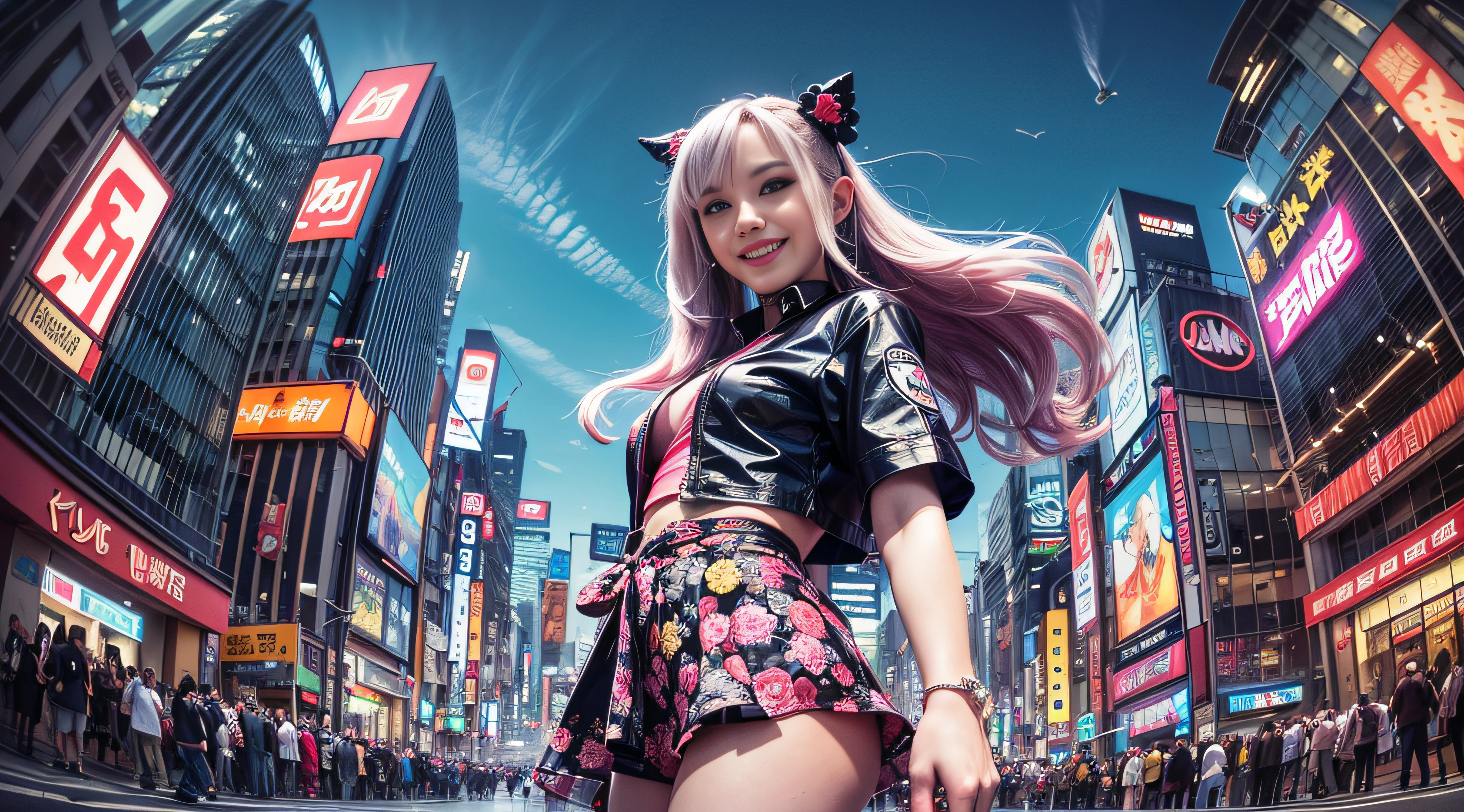 ((Jinx is dressed in a Harajuku Tech costume), (Fisheye lens 1.2), self-shot, Cowboy shot, Wind, Messy hair, cyberpunk city landscape, (Aesthetics and atmosphere:1.2),Smiling, Laughing,super wide shot
