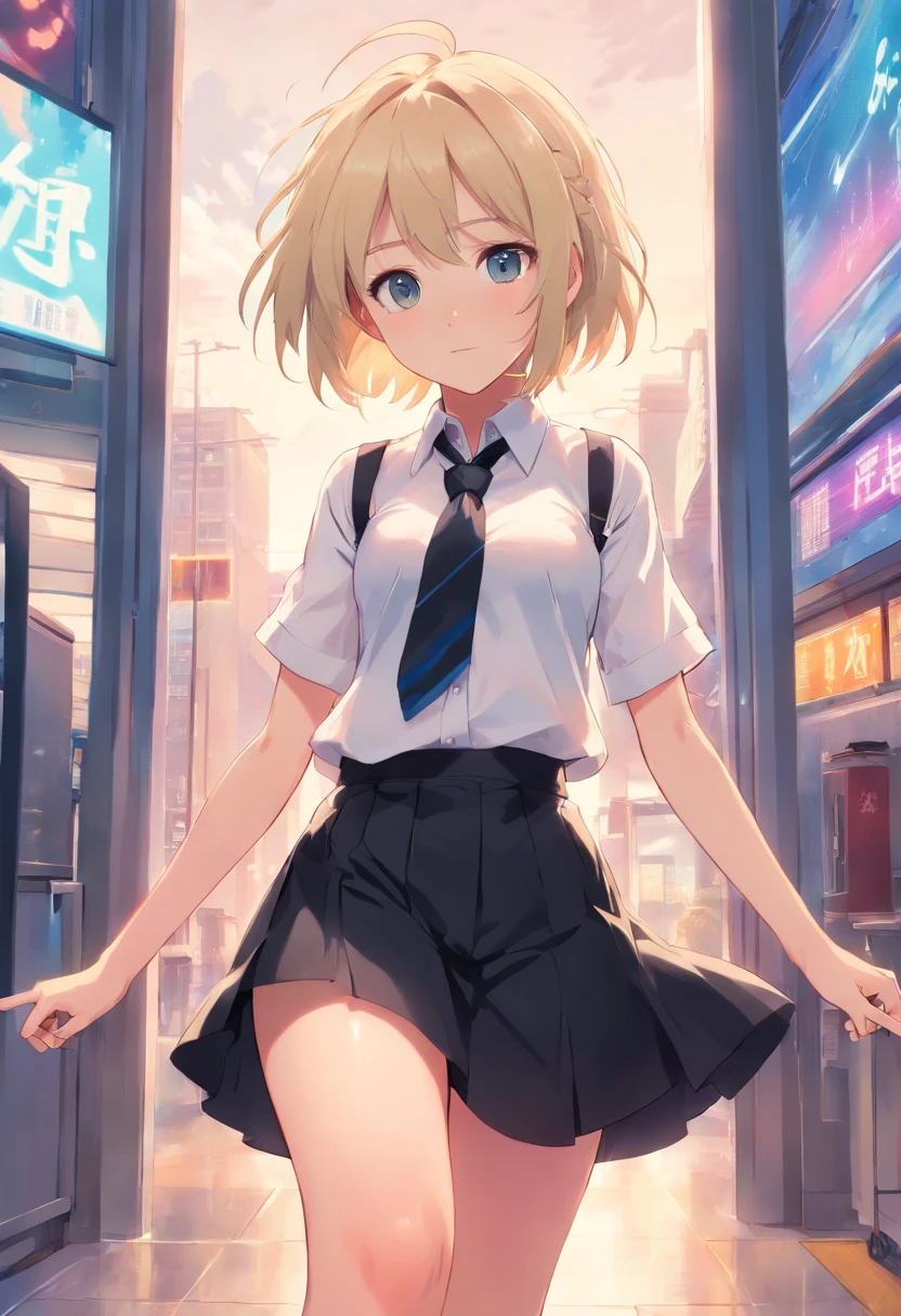 best quality, ultra high res, 1girl, sleeveless white button shirt, black skirt, black choker, cute, (Kpop idol), (aegyo sal:1), (platinum blonde hair:1), ((puffy eyes)), looking at viewer, full body, facing front