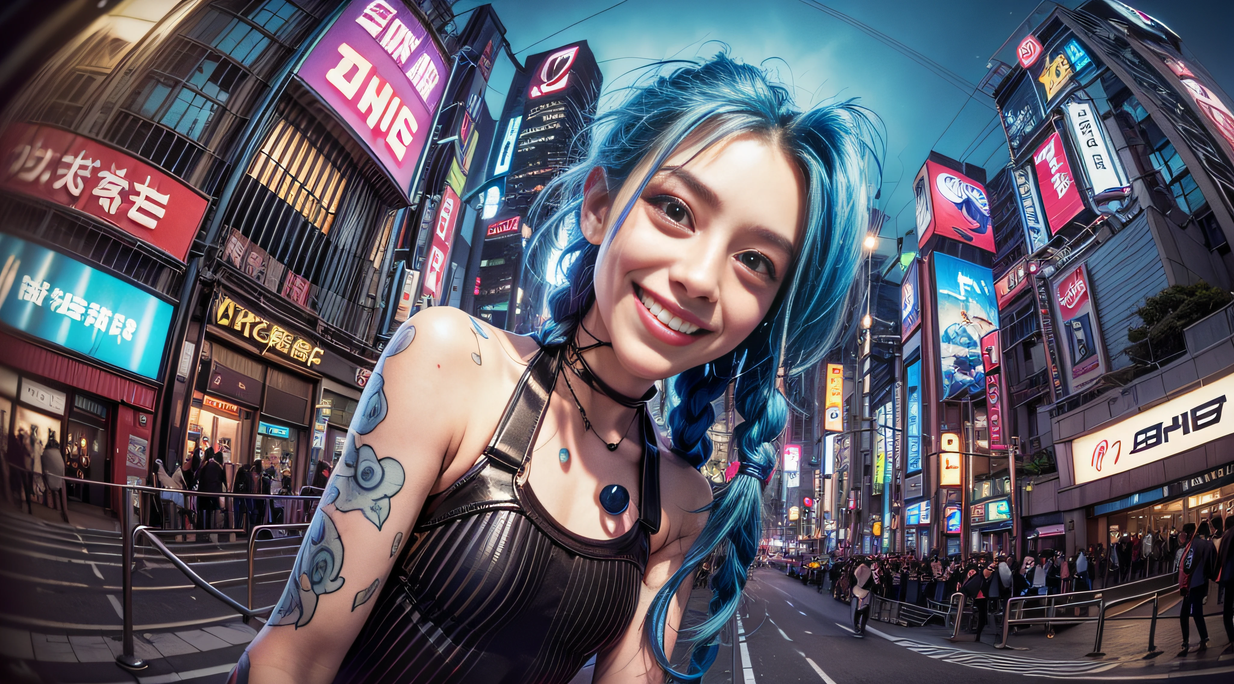 ((Jinx is dressed in a Harajuku Tech costume), (Fisheye lens 1.2), self-shot, Cowboy shot, Wind, Messy hair, cyberpunk city landscape, (Aesthetics and atmosphere:1.2),Smiling, Laughing,super wide shot