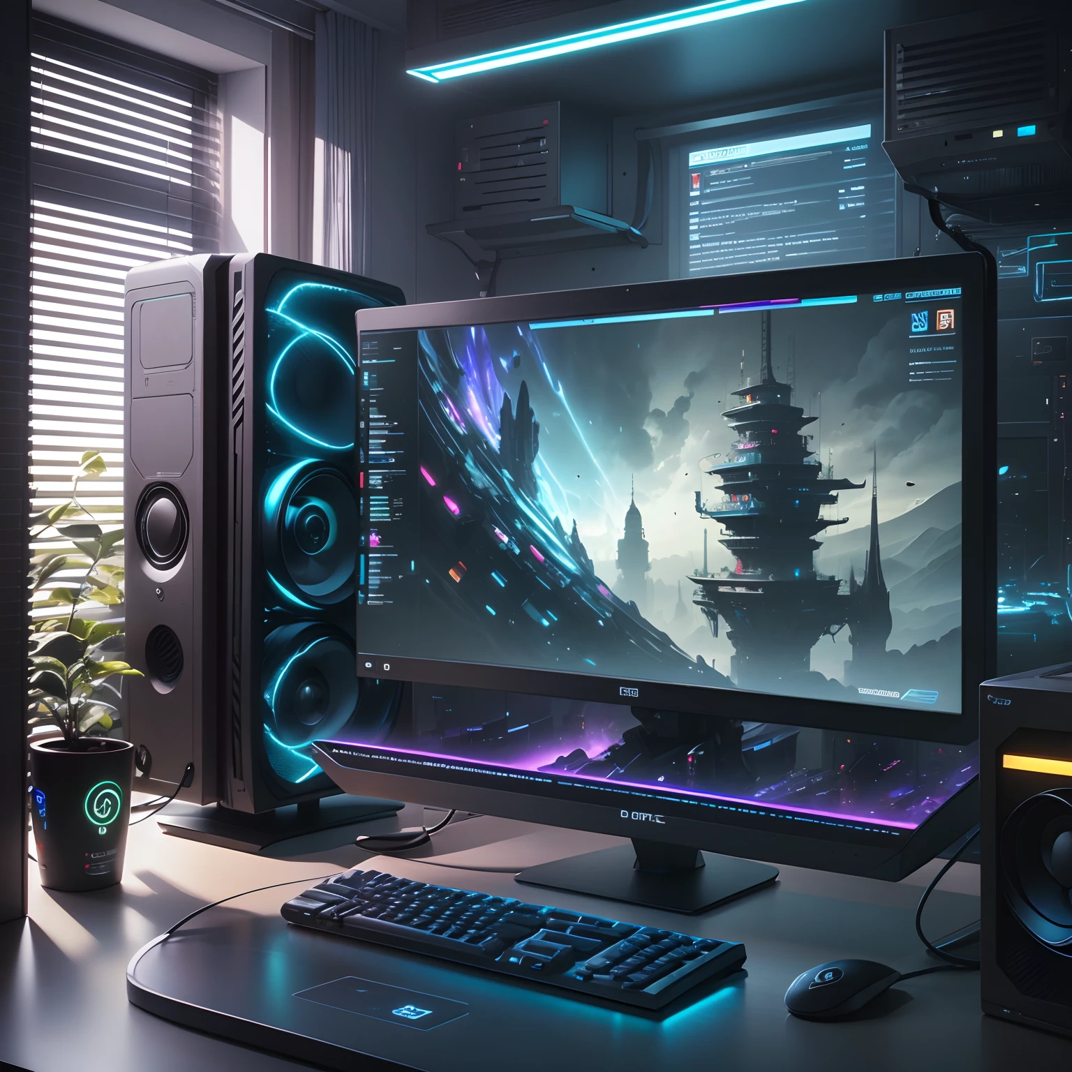 gaming pc,Futuristic style,The environment in the house,Multiple computer screens,Best quality images,8K quality