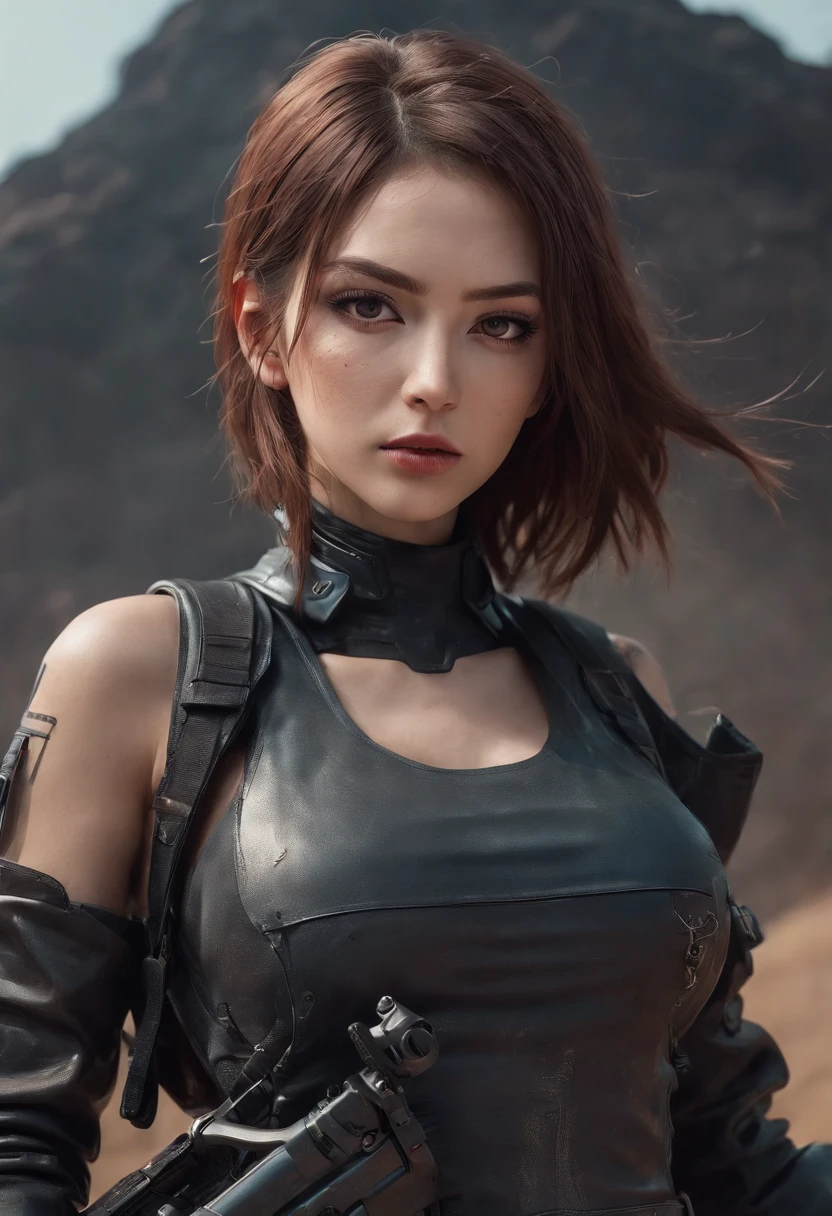 super fine illustration, ultra high resolution, masterpiece, highest quality, perfect lighting, detailed lighting, dramatic shadow, ray tracing, 1 Femail warrior, (((solo:1.5))), cute face, Big breasts, exposed cleavage, beautiful detailed hazel eyes, sharp face, clear eyes, long bang, ((medium curly hair:1.2)), blonde hair, ((post-apocalyptic fiction)), ((desert:1.2)), ((desert battle suit)), ((military harness)), world of the Mad Max, Resident Evil Series, full body, from below,