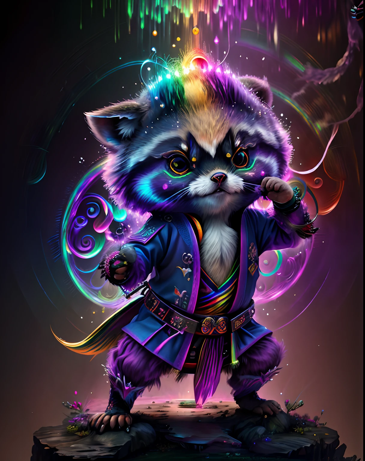 Top image quality、"Create cute creature masterpieces with inspired ultra-detailed concept art. Let your imagination come alive", （raccoon dog）, high detailing, in 8K、Top image quality、jump up、Using tonfa、(((((Rainbow magic in the background)))))、(((((Martial artist's attire)))))