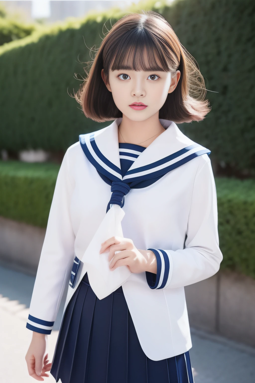 Ultra high-definition images,In the street,fullbody image, 1girl in, Solo, , White top and bottom sailor suit,Full Body Image Cloud, Brown hair, High-Definition Lens,fullbody image, Smile and turn to me，Facing here,fullbody image,You can see the Sky Tree in the background.,fullbody image,