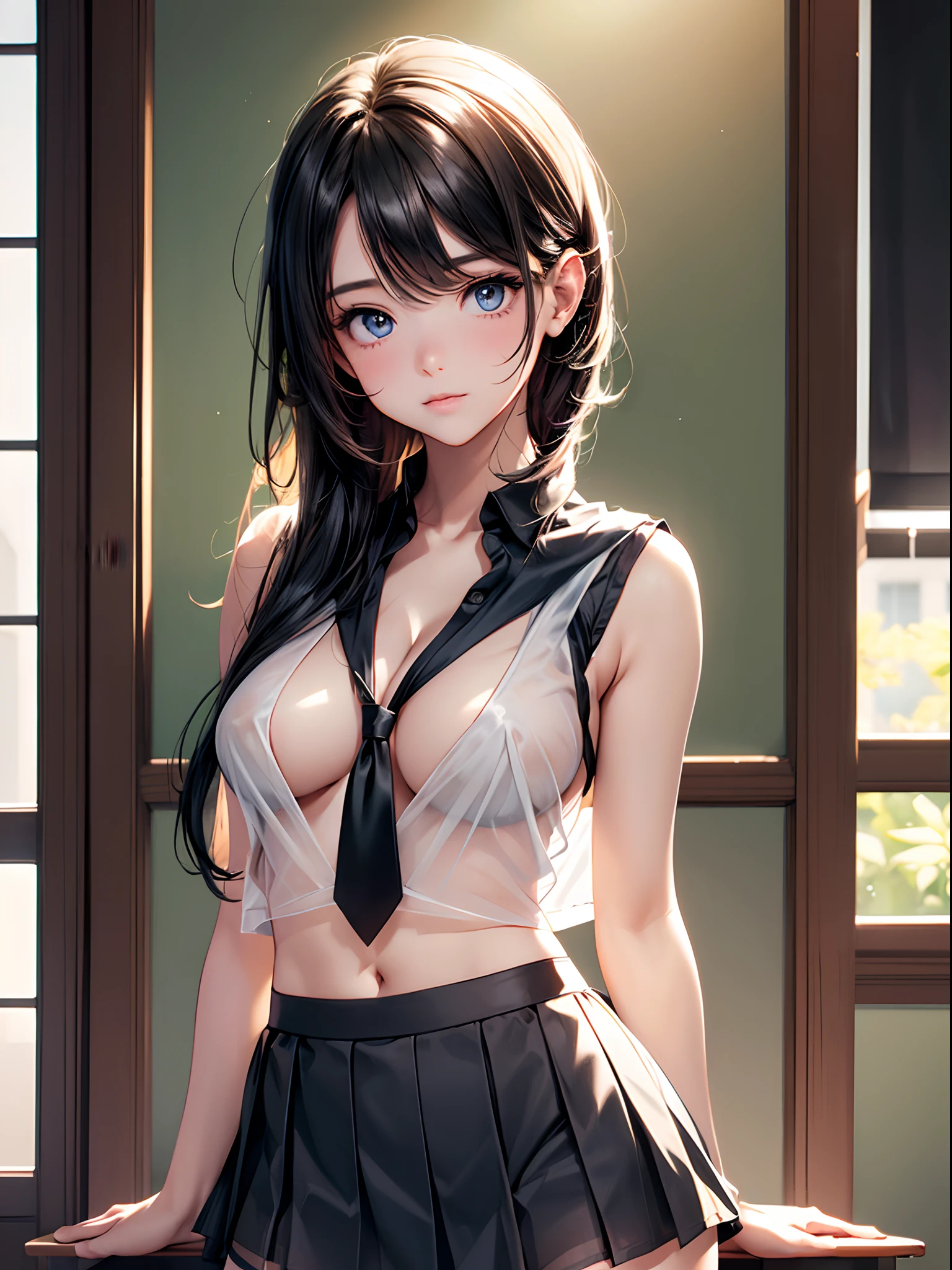 (((toppless))), (((sheer school uniform, Sleeveless ))), (((Show off cleavage))), (((Large breasts))), (((Open front))), (((Sheer Micro Mini Skirt))), Detailed beautiful eyes, (((Sunny))), extremely detailed CG unified 8k wallpaper, very fine 8KCG wallpaper, (masterpiece, Best Quality), High resolution, Ultra-detailed, ultra-sharp, 1 girl, Naked, (((Sheer Micro Mini Skirt))), perfecteyes eyes