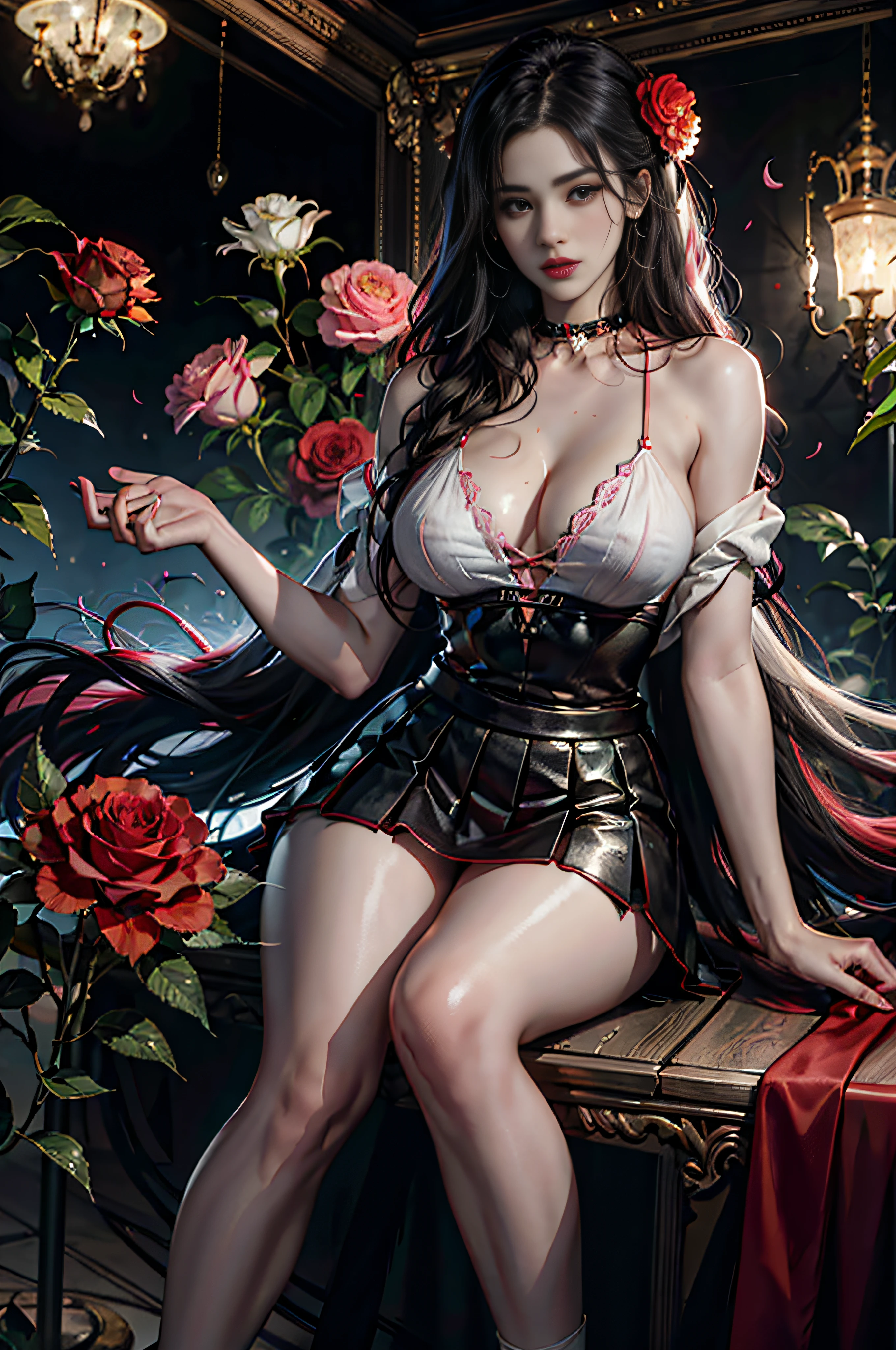 high quality, 8K Ultra HD, high detailed, dramatic light, ingcamellia, flower, red_flower, red_rose, rose, katana, 1girl, pink_rose, pink_flower, spider_lily, shoes, long_hair, school_uniform, serafuku, sheath, skirt, solo, sheathed, vase, looking_at_viewer, sitting, orange_flower,huge breast, pleated_skirt, rose_petals, black_shirt, black_legwear, black_skirt, hibiscus, very_long_hair, parted_lips, loafers, sailor_collar, black_hair, neckerchief