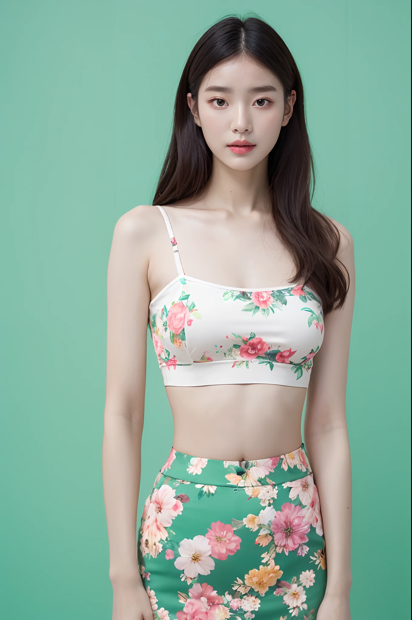 a woman in a floral crop top and mint skirt posing for a picture, croptop, crop top, bralette, wearing white camisole, bae suzy, wearing a camisole, physical : tinyest midriff ever, gorgeous young korean woman, heonhwa choe, cutecore, lulu chen, reluvy5213