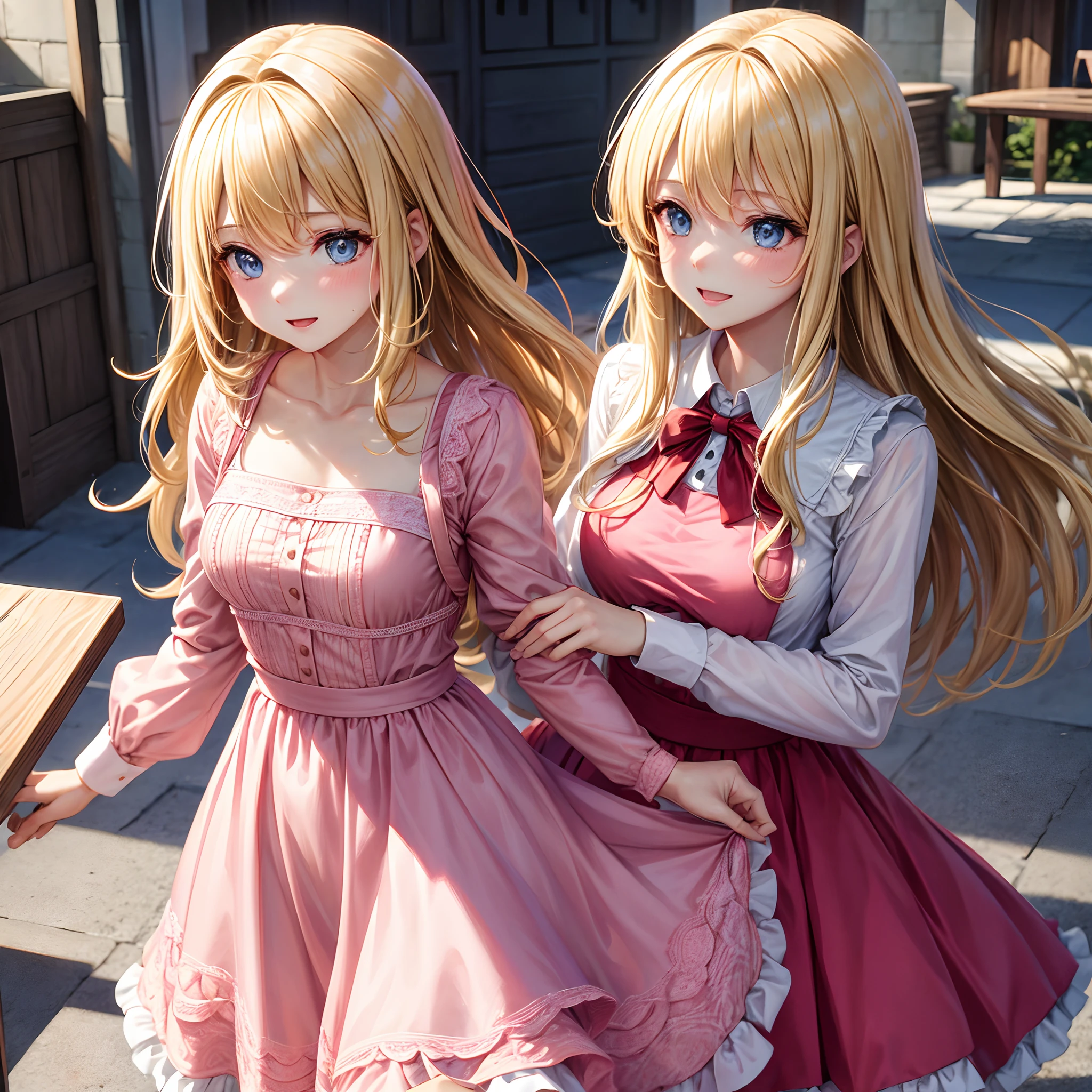 ((Best quality)), 1girl, blonde hair, pink dress
