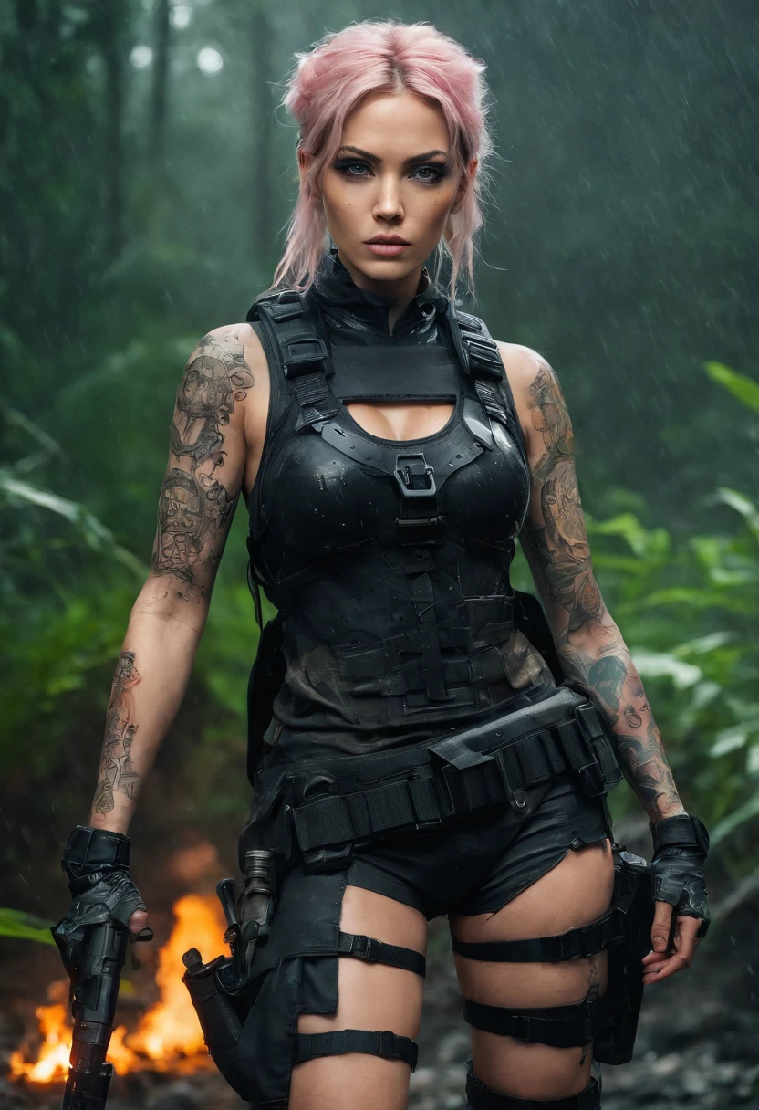 Postapocalyptic combat scene of a Beautiful female soldier On Patrol, In a Jungle, Walking down a Stream, (((with Runic tattoos))), ((dirty face)), (((wearing Black Full mecha armor, combat harness, Neon highlights, holding a assault rifle))) Short Blonde Dreadlocks, combat pose, (((Walking along a stream in a jungle, Fires, Smoke, debris, Camo netting, Ammo Boxes, Rain, Stormy, Wet, abstract beauty, near perfection, burning scene in the background,